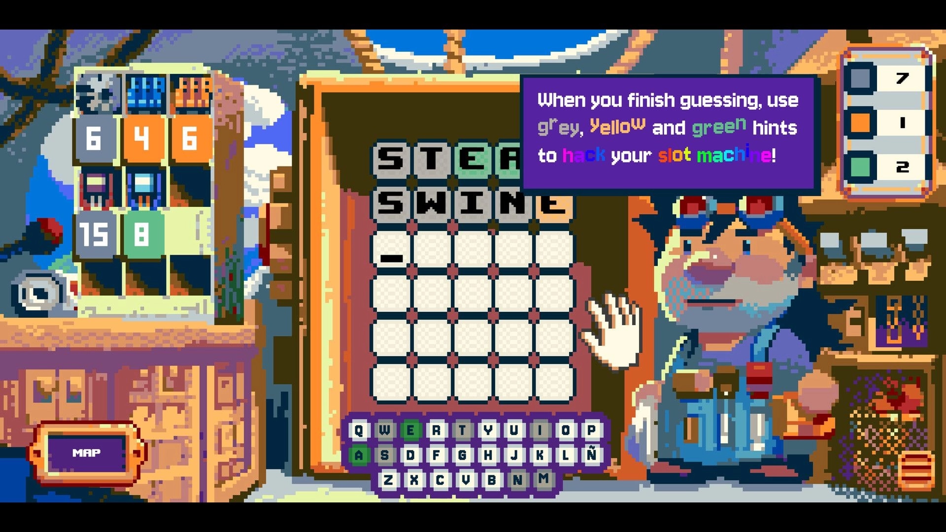 Randel’s Quest: Word puzzle grid with on-screen keyboard and slot reels beside a tutorial speech bubble.
