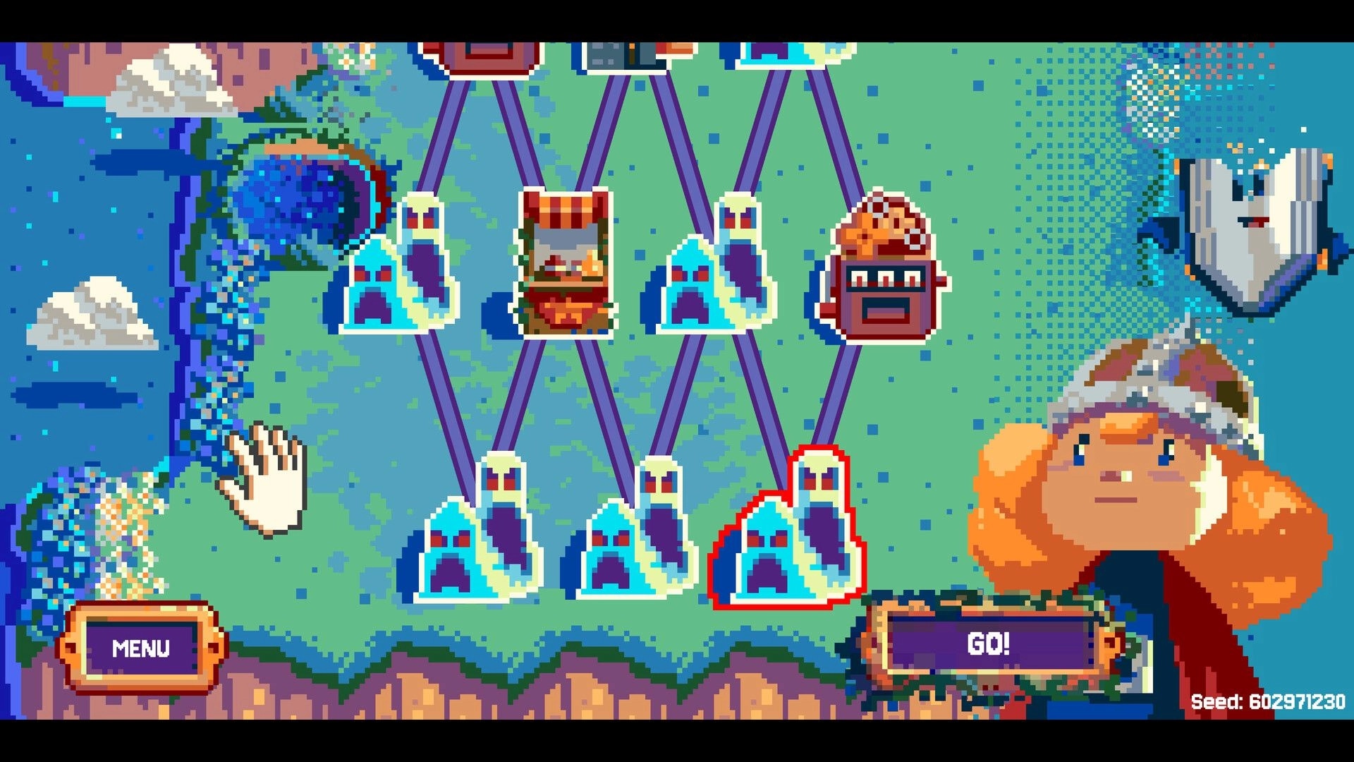 Randel’s Quest: Overworld map with branching nodes, hand cursor, and GO button on grassy coast.