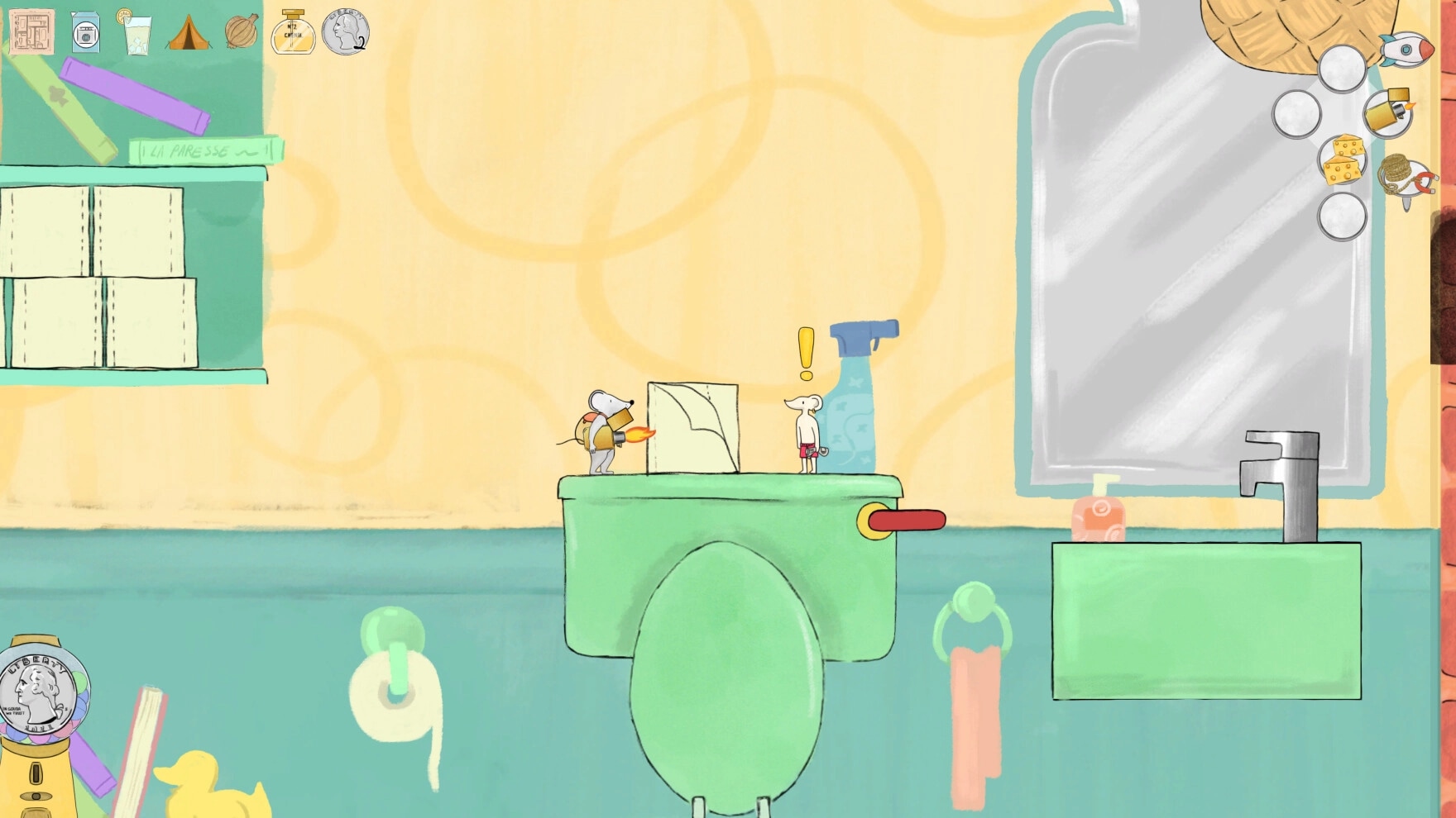 Randomice: Two mouse characters on a bathroom sink platform, with inventory icons above, exploring options.