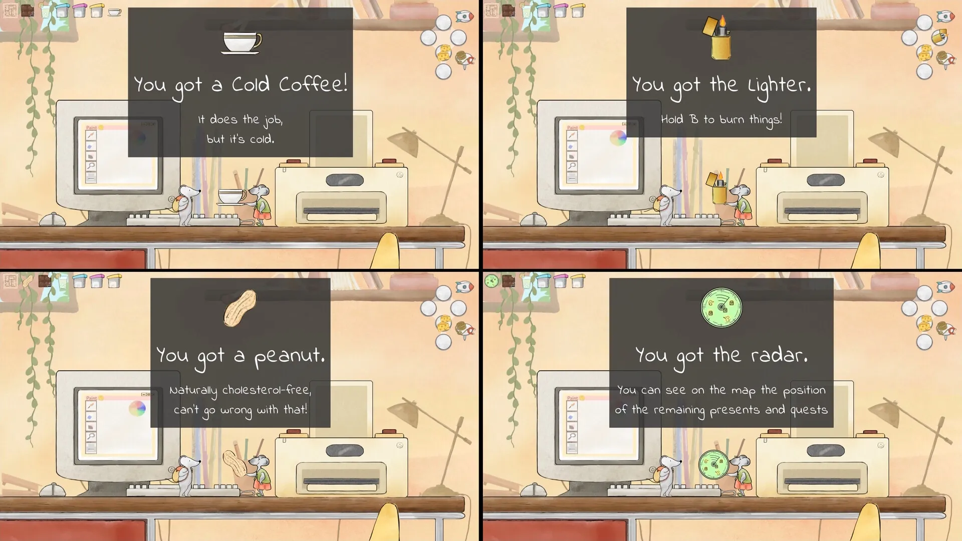 Randomice: Two characters collect items like coffee, lighter, peanut, and radar in a cozy desktop setting.