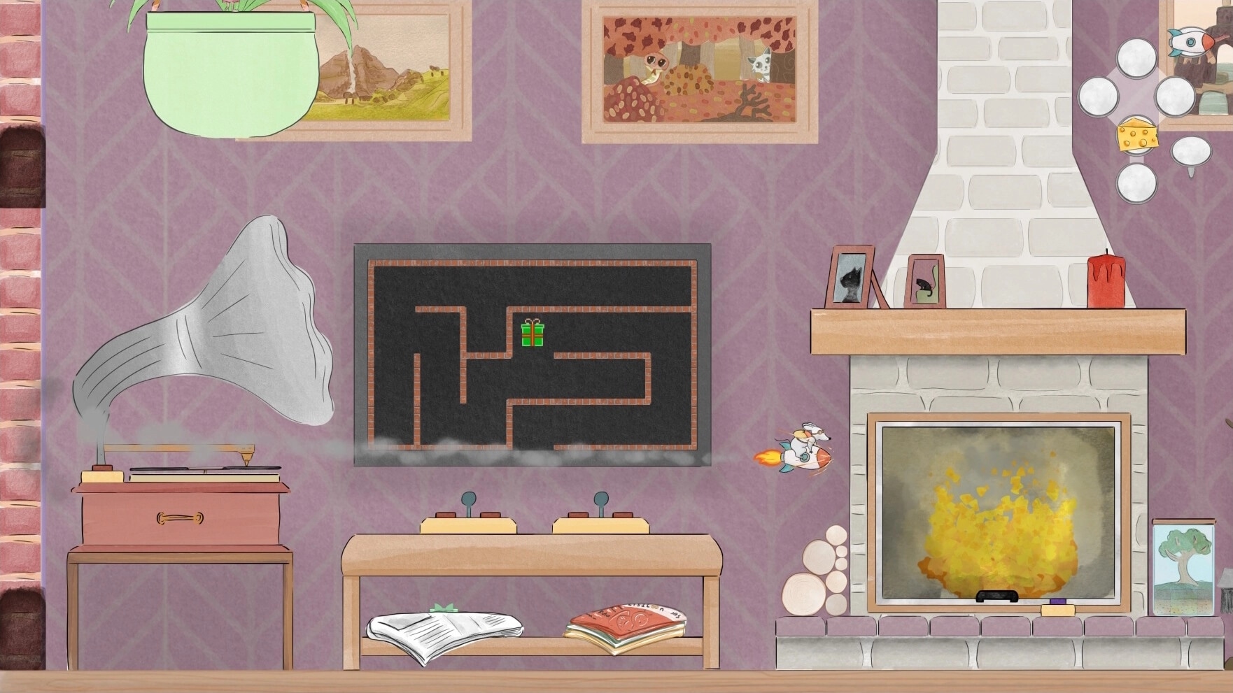 Randomice: Rocket-propelled character navigates living room with maze on TV and lit fireplace nearby.
