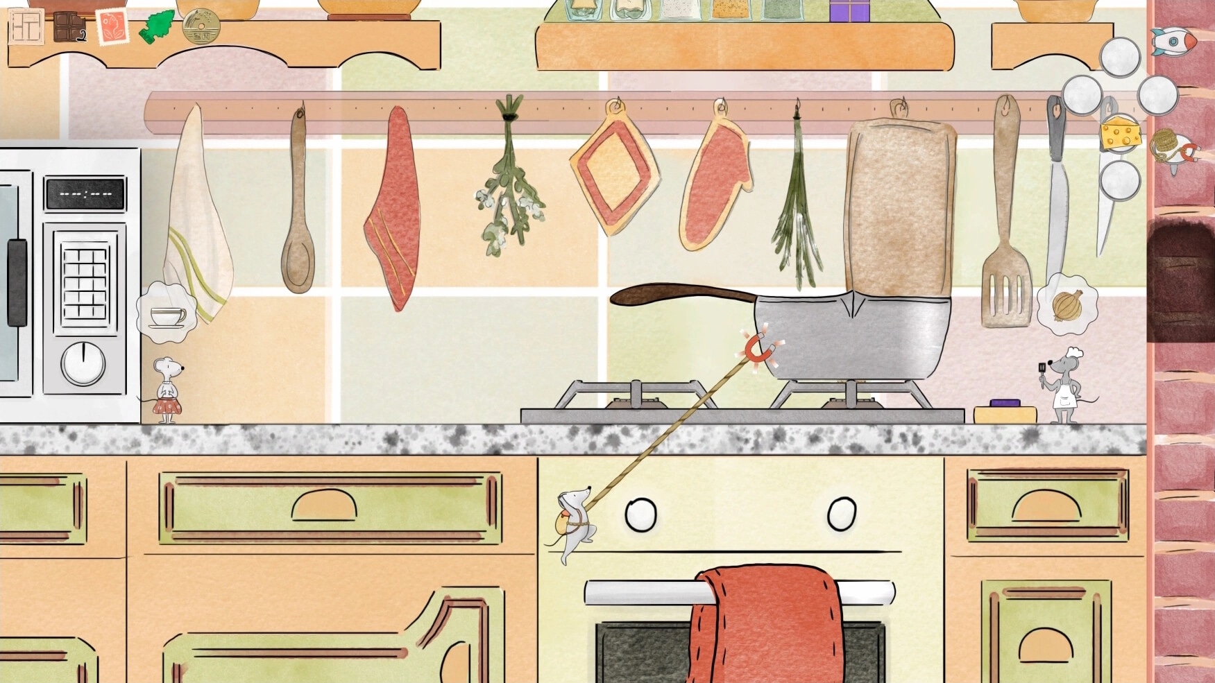 Randomice: Small mouse character using fishing rod to reach pot on colorful kitchen countertop
