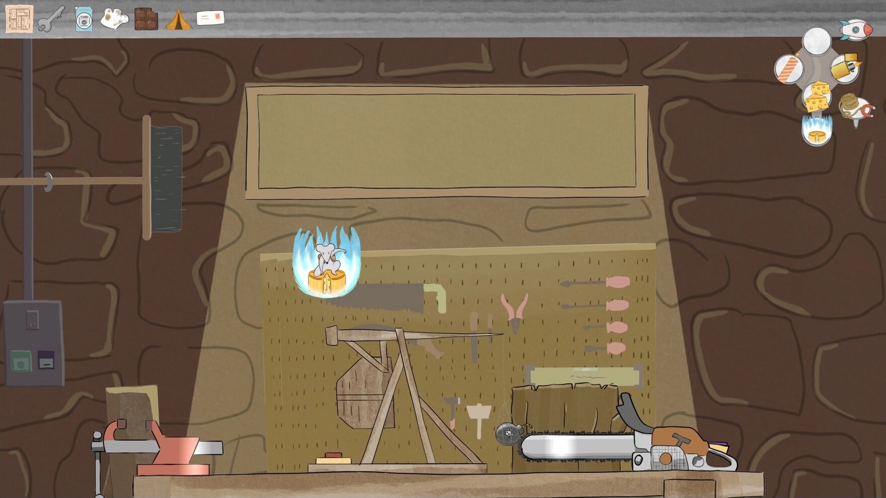 Randomice: Mouse character floating in energy bubble above workbench with tools and inventory icons shown