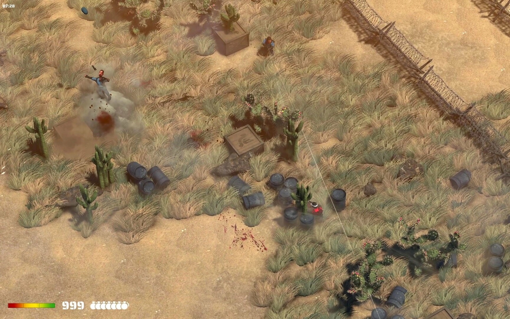 RANGER COMMANDO: Player engaging enemies in desert terrain with explosions and health bar visible