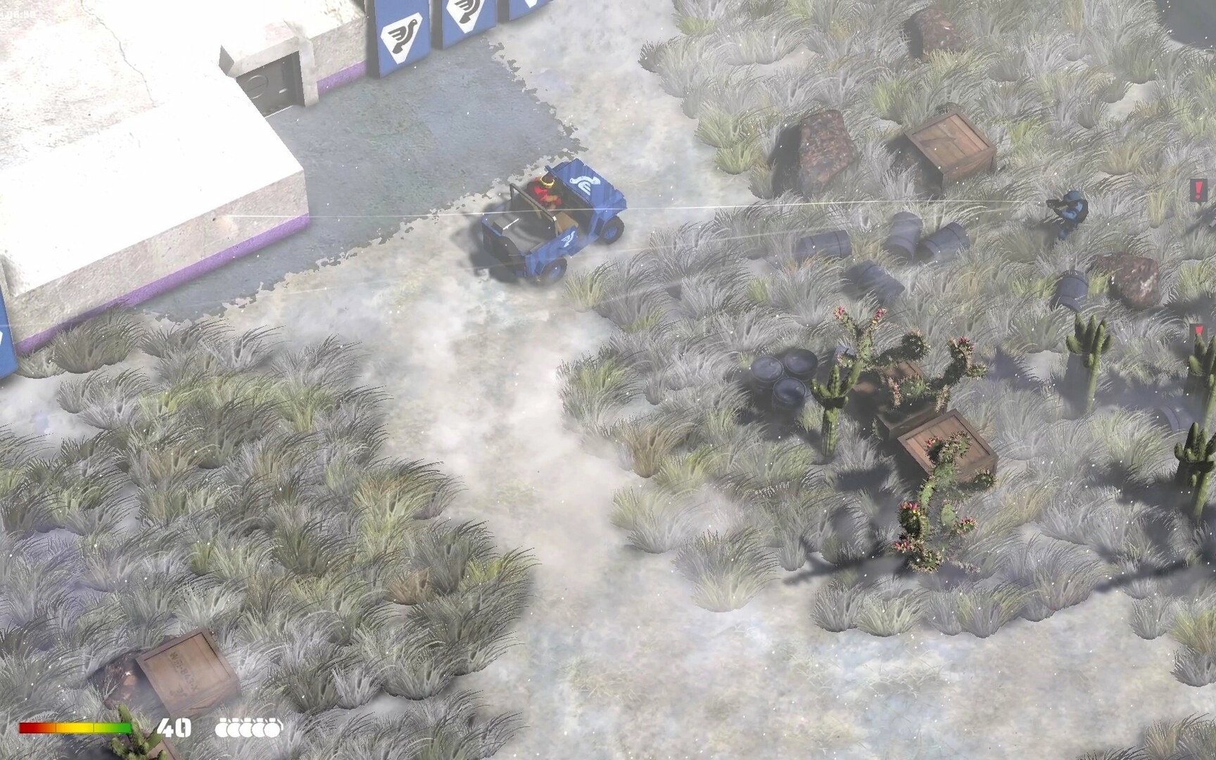 RANGER COMMANDO: Blue jeep driving through dusty terrain near base, soldier hiding behind barrels in grass.