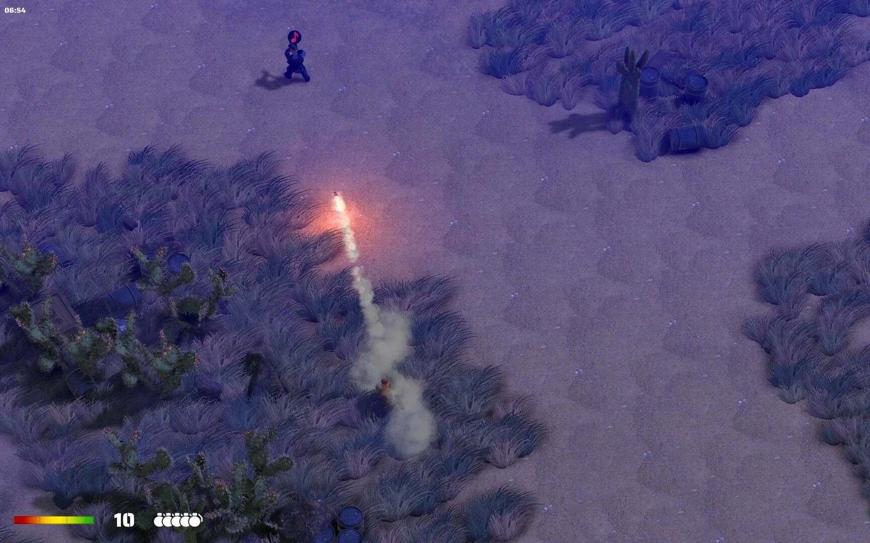 RANGER COMMANDO: Missile fired towards enemy soldier in desert terrain, UI shows health and ammo count.