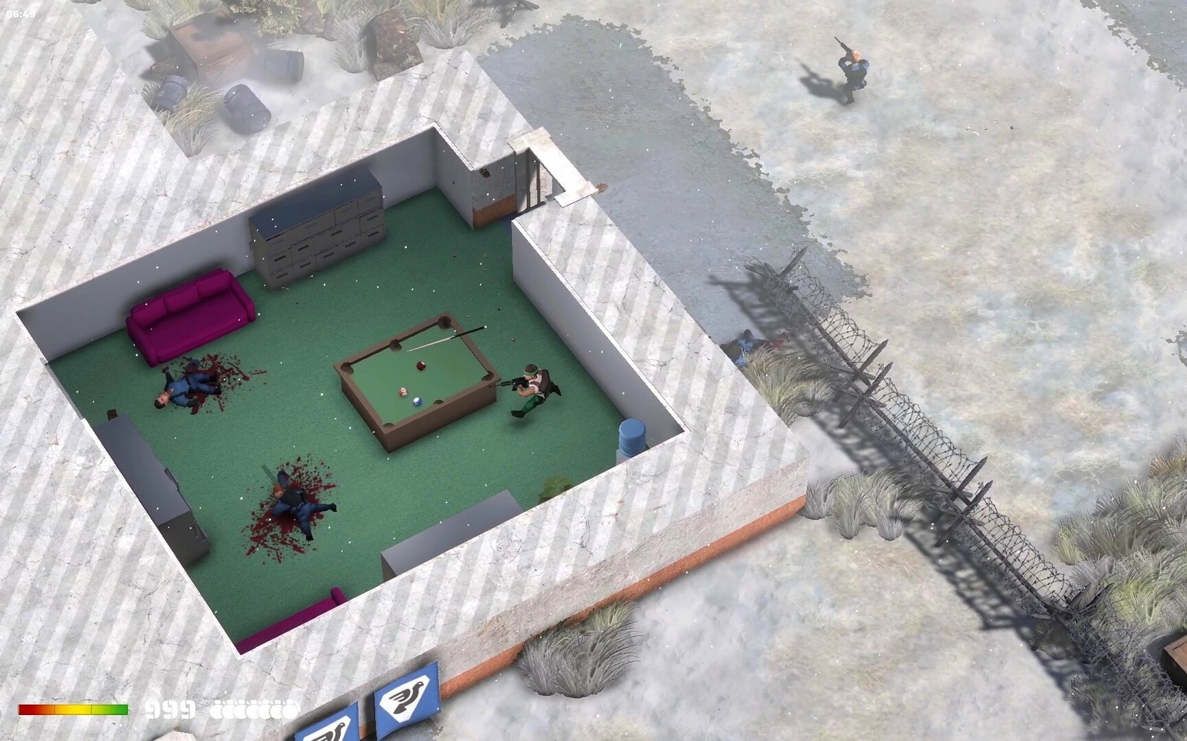RANGER COMMANDO: Tactical assault inside a building with pool table and enemies near barbed wire fence outside.