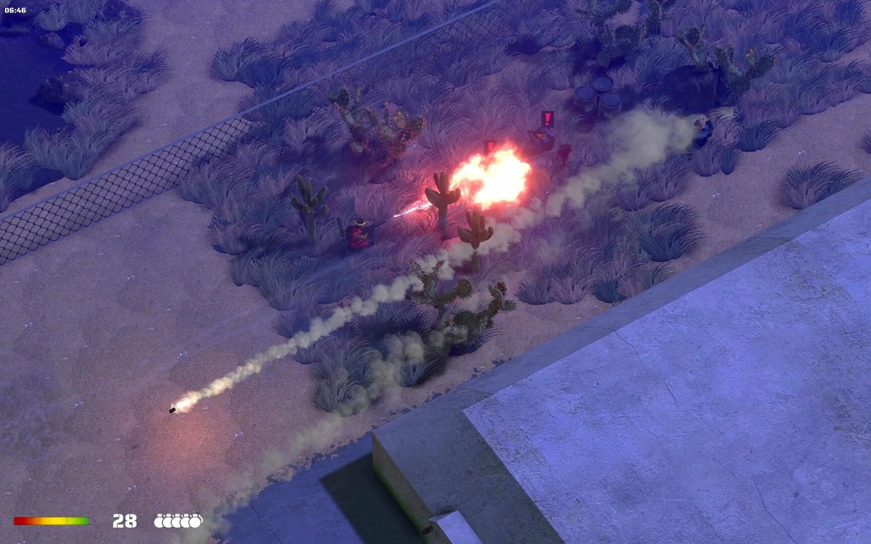 RANGER COMMANDO: Intense firefight with explosions near desert shrubs and a visible health bar at bottom left.