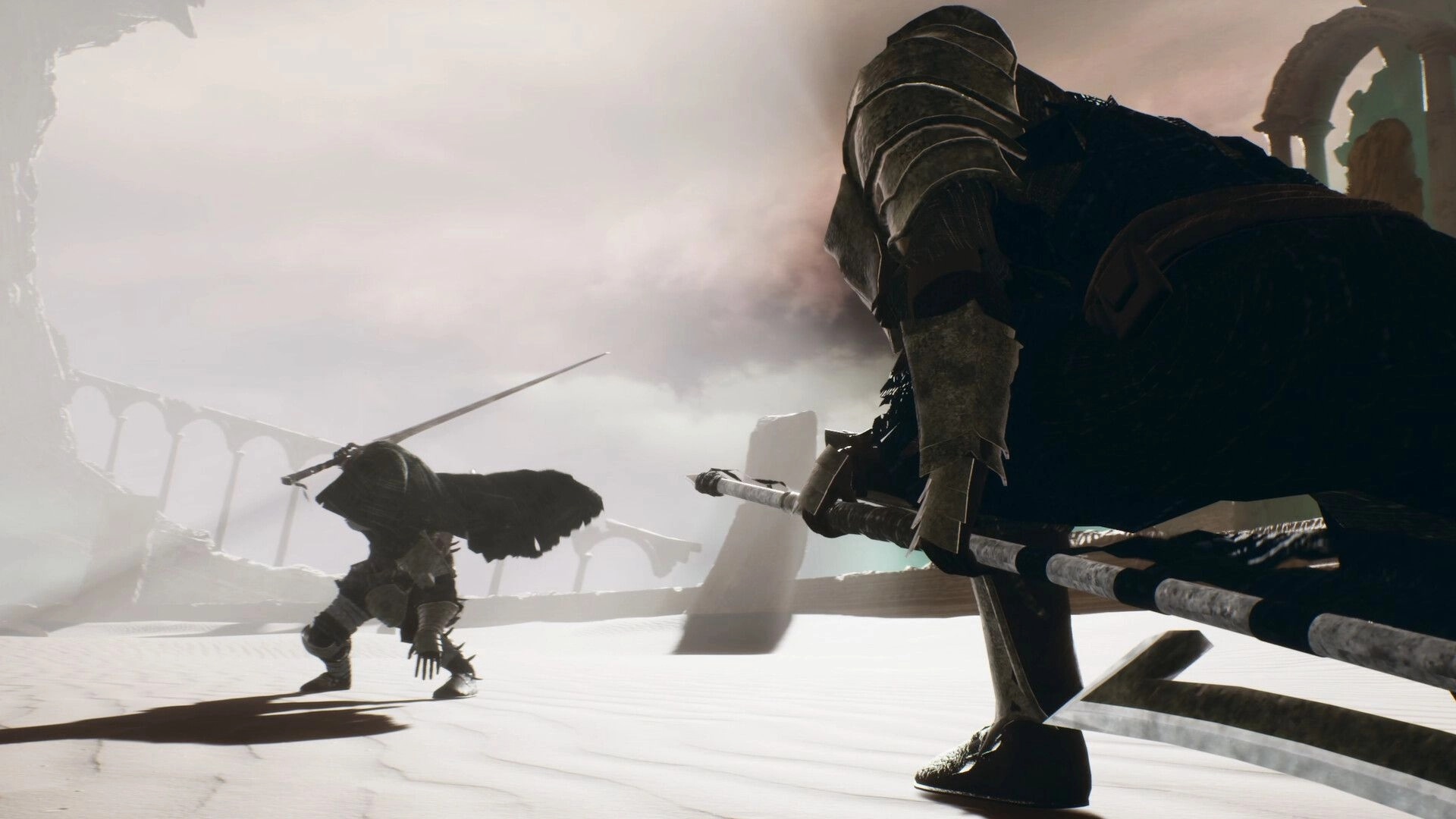Rasen: Armored fighters clash with spear and sword on a bright arena with ruins and arches behind.