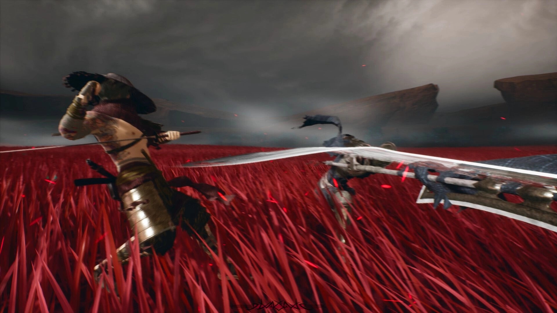 Rasen: Swordfighter swings katana at armored foe amid red grass field under smoky, stormy sky.
