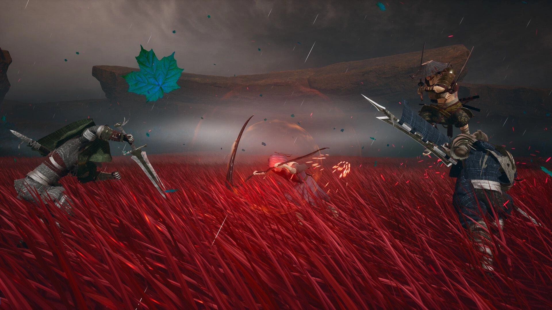 Rasen: Three swordfighters clash midair over red grass field under stormy sky with drifting leaves.