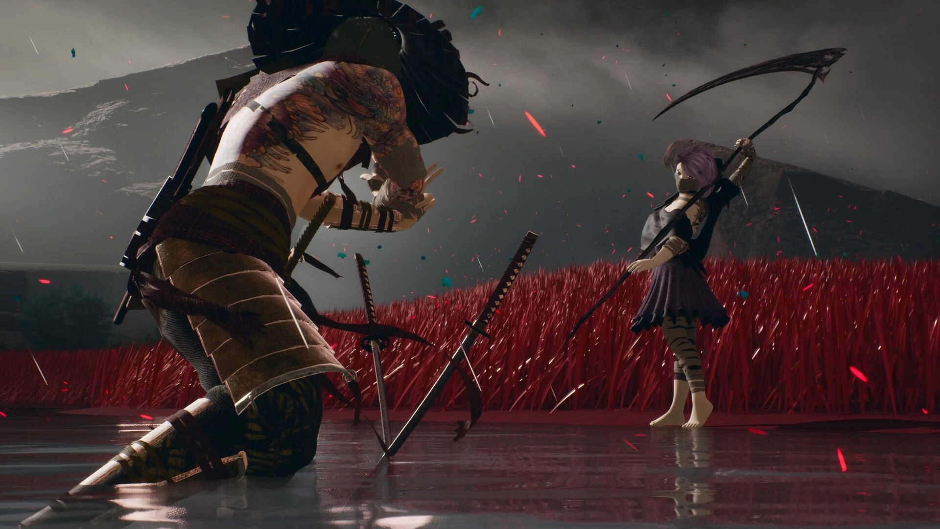 Rasen: Two fighters face off with swords drawn in a red grass field under stormy skies and sparks.