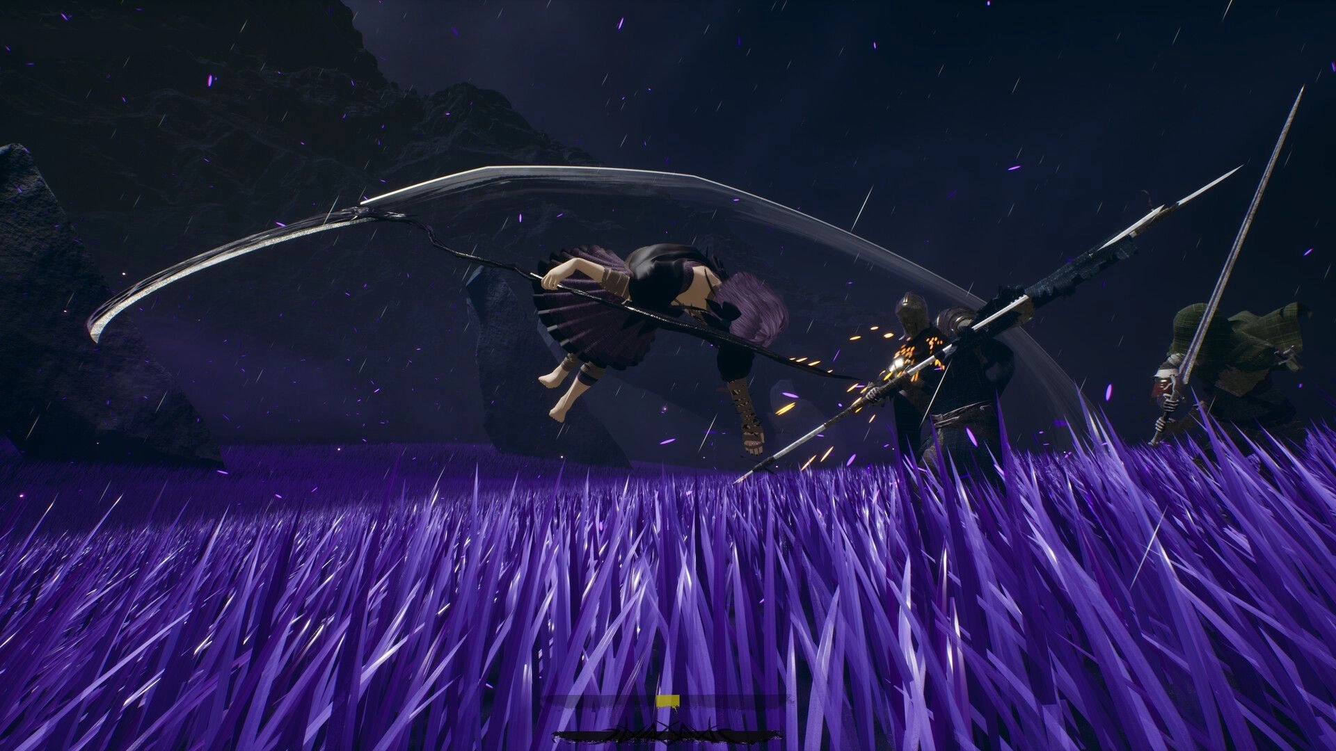 Rasen: Swordfighter launches an aerial slash at a spear foe in rain over glowing purple grass field.