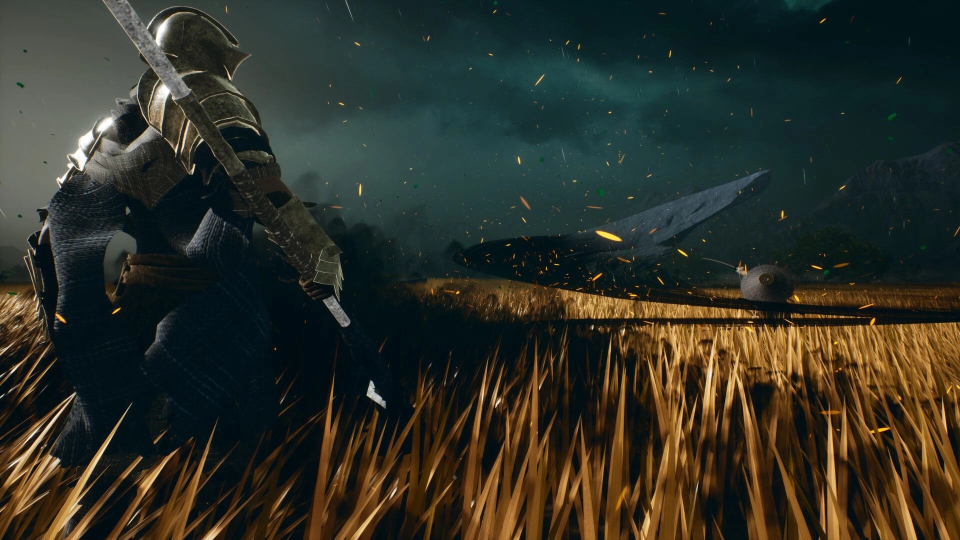 Rasen: Armored swordsman faces distant foe in tall grass field under dark stormy sky with sparks.