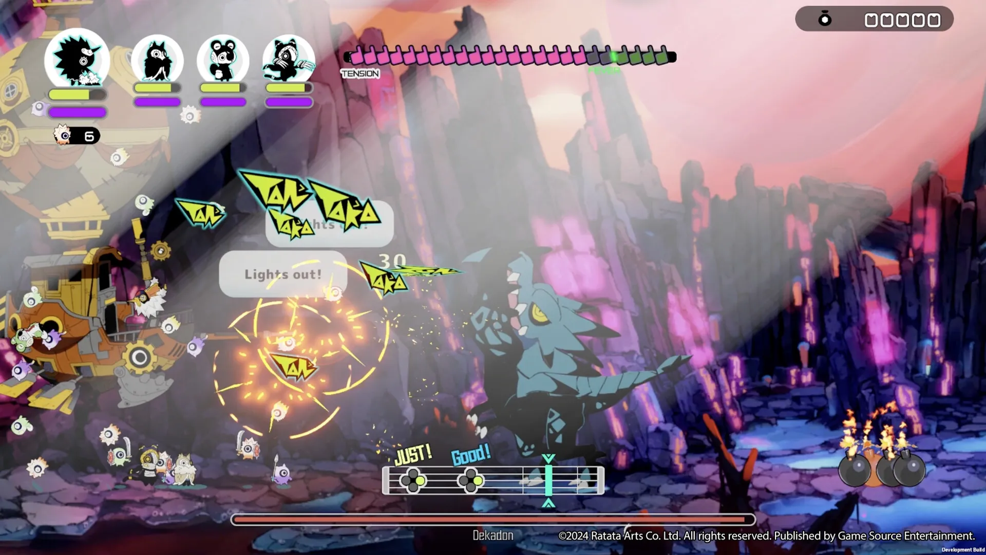 Ratatan: Intense battle with colorful characters, rhythm indicators, and tension meter in rocky terrain