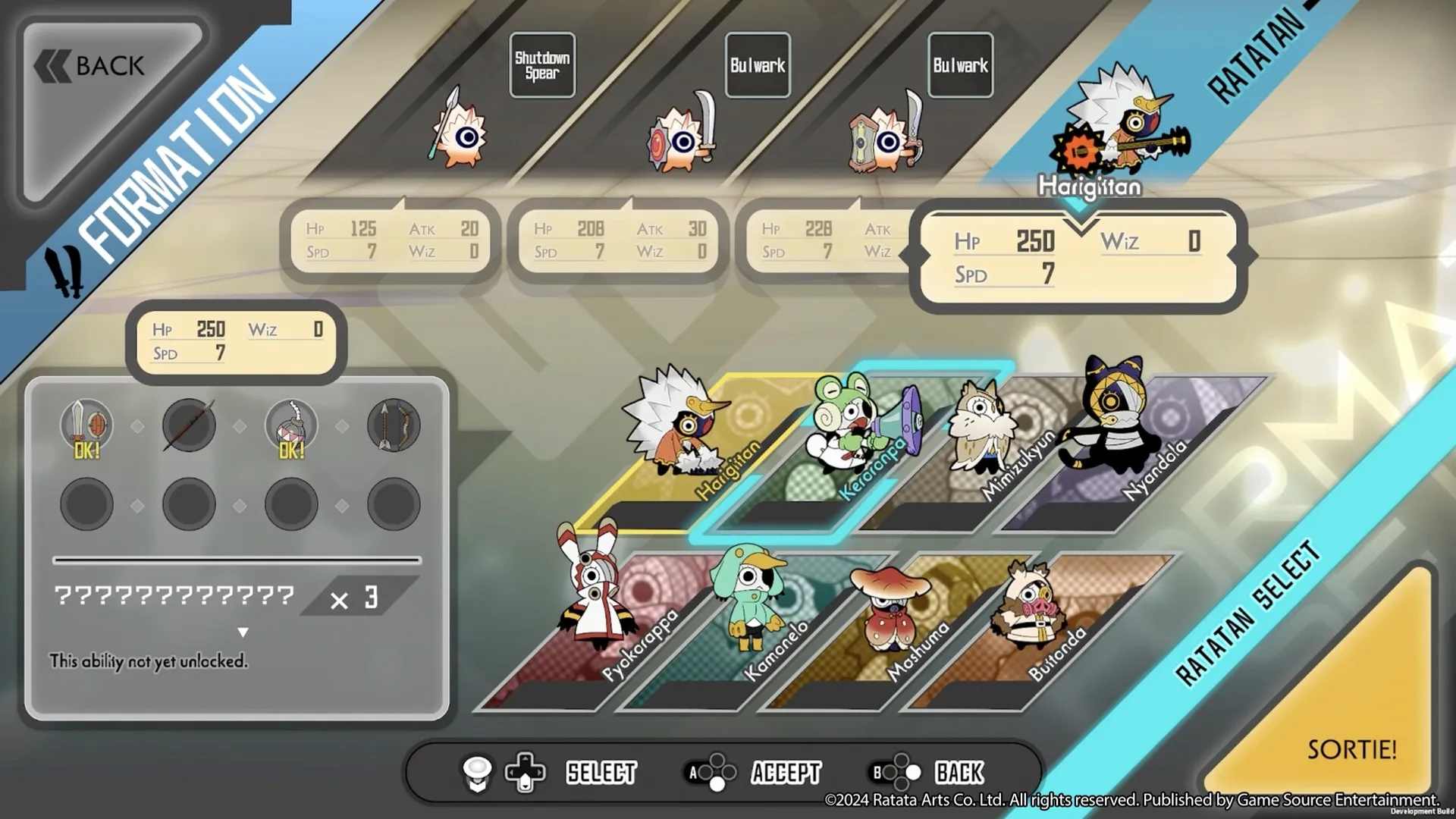 Ratatan: Character formation screen with Harigitan selected, displaying stats and available abilities