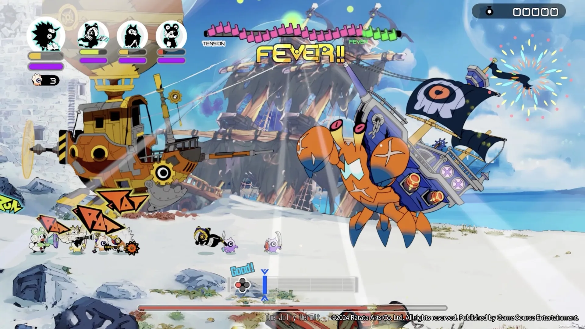 Ratatan: Characters battle a giant crab on a snowy beach, vibrant UI with tension and fever bars visible.