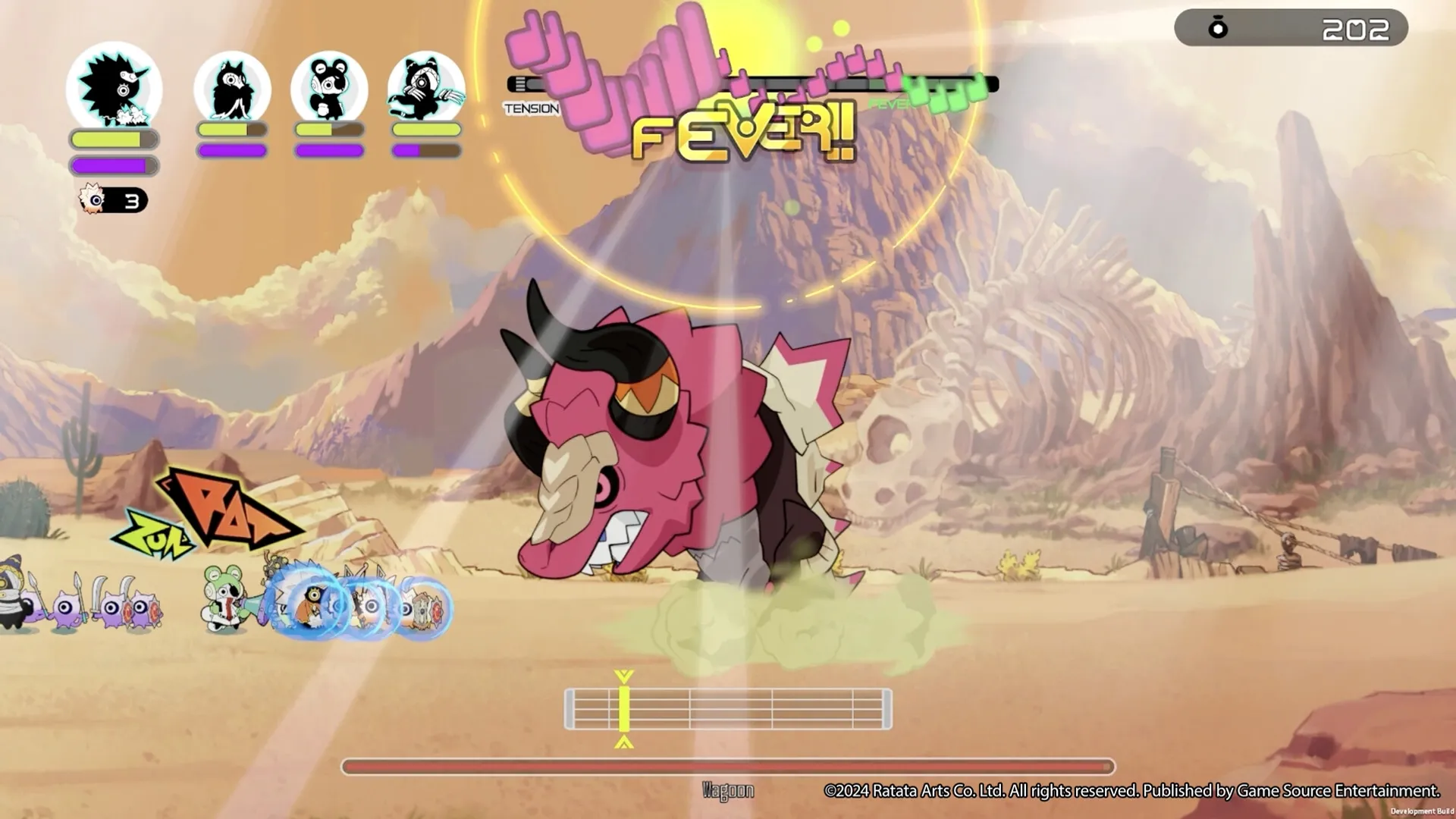 Ratatan: Characters battle a horned beast in a desert with tension meter and health bars visible.