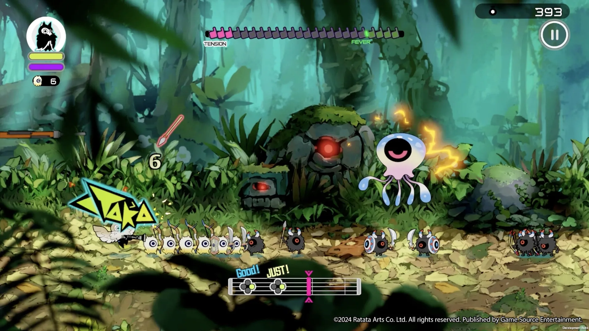Ratatan: Battle in a lush forest with small creatures and UI rhythm indicators guiding the action