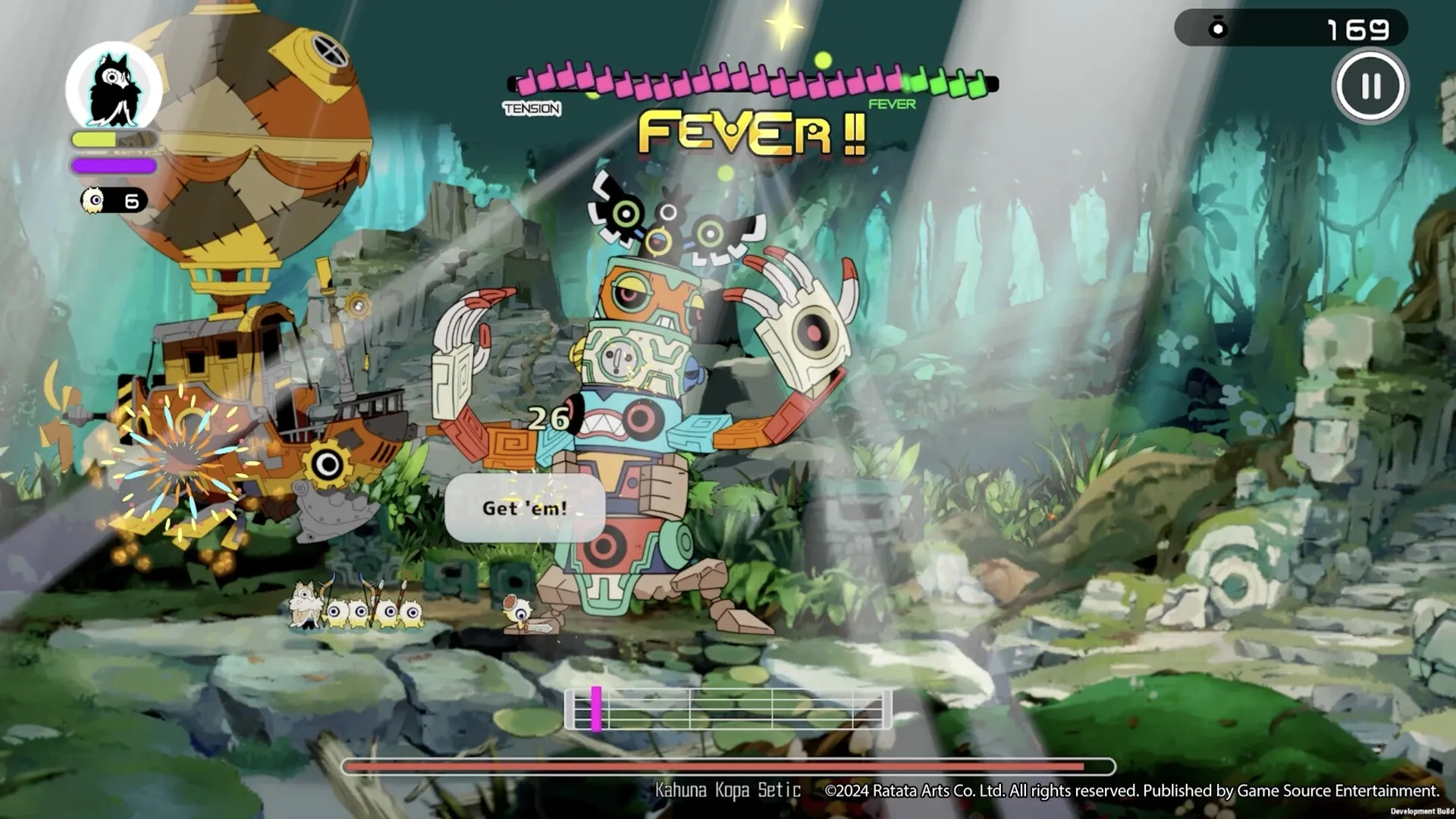 Ratatan: Intense battle with colorful golem and airship in lush forest, fever mode active on screen