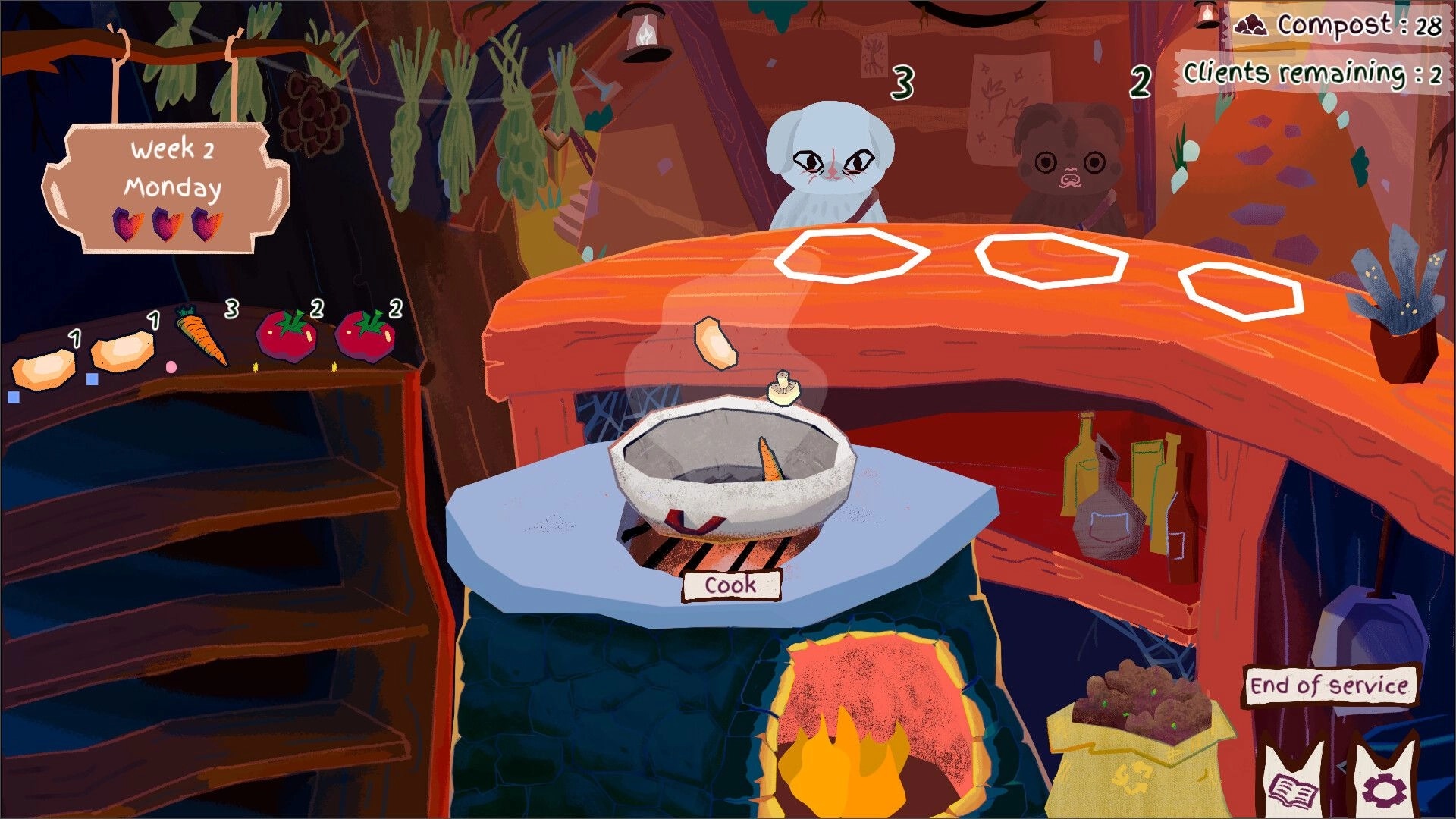 Ratatouille Builder: Cooking pot with carrot on stove, clients at counter in cozy restaurant kitchen UI.