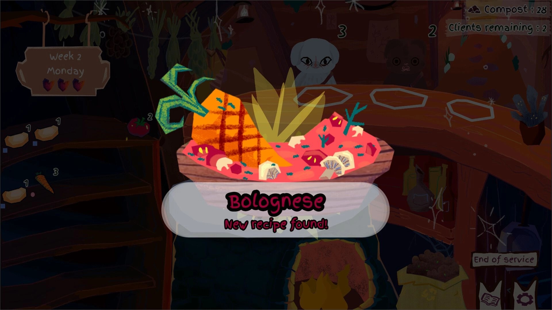 Ratatouille Builder: New recipe found pop-up for Bolognese over restaurant counter with customers waiting.
