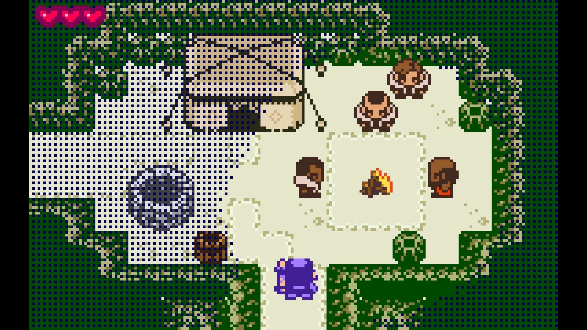 Ratcheteer DX: Characters gather around a campfire in a snowy village with a tent and well nearby.