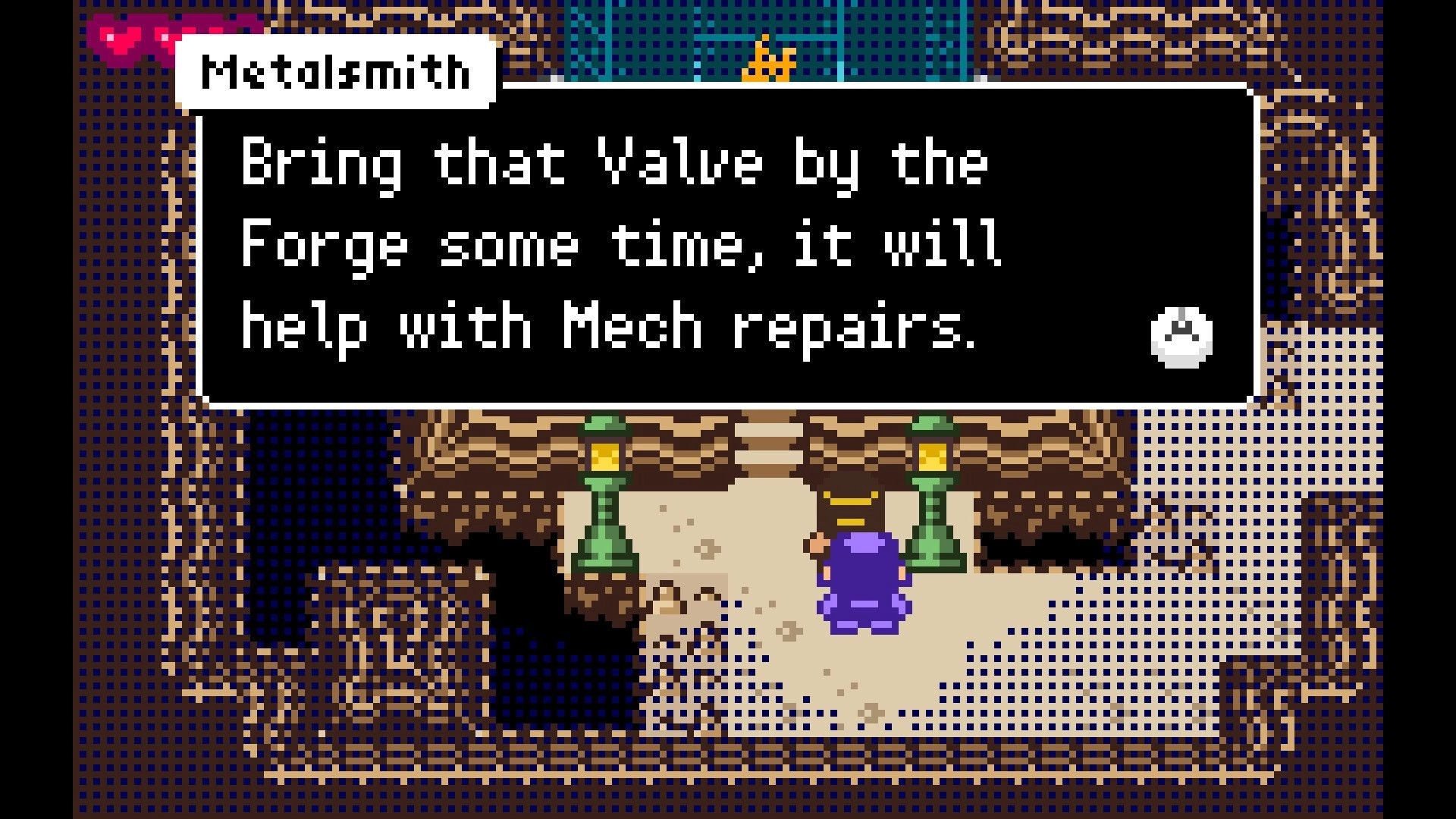 Ratcheteer DX: Player character talks to Metalsmith in cave entrance about Mech repairs with Valve item.