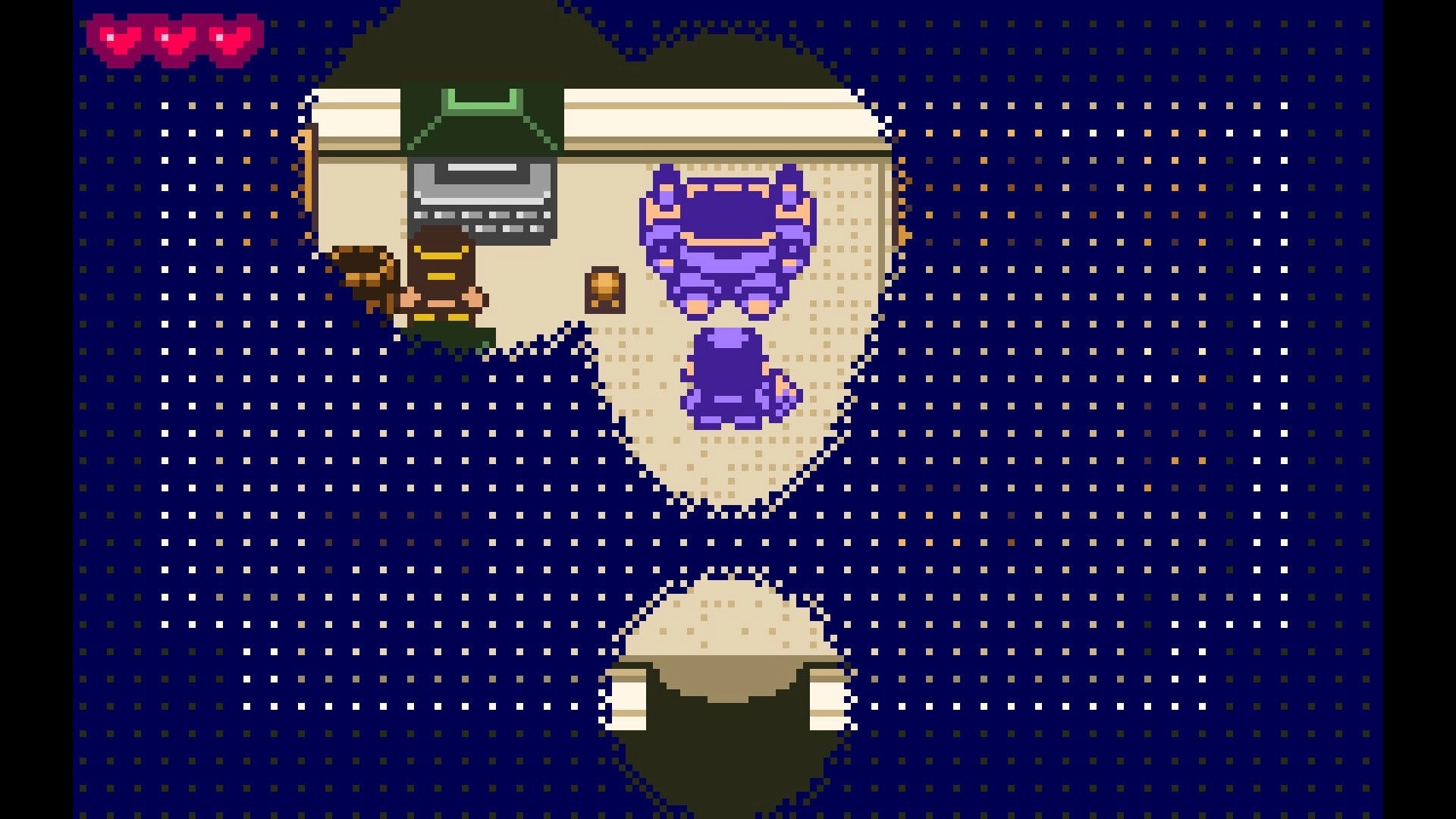Ratcheteer DX: Character in cave with purple creature and chest, hearts indicating health at top left