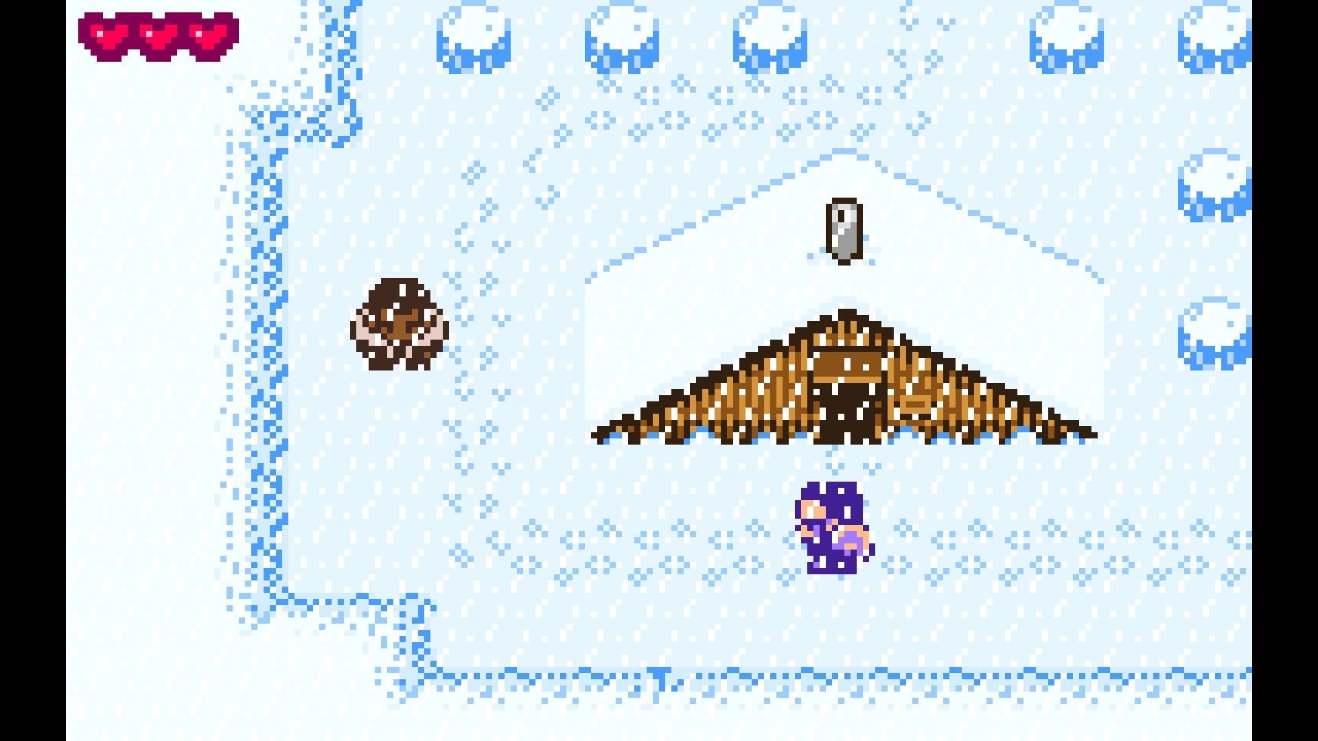 Ratcheteer DX: Character exploring snowy landscape near cabin with heart-shaped health icons displayed