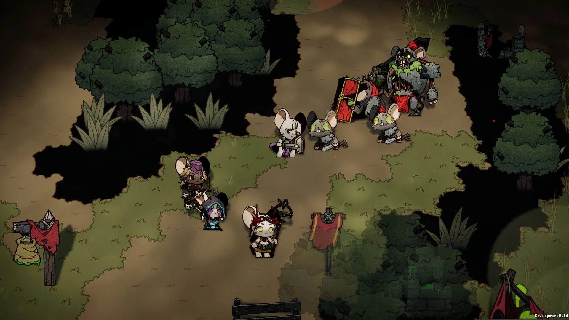 Ratocalypse: Characters and zombies face off on a forest path surrounded by dense trees and foliage.