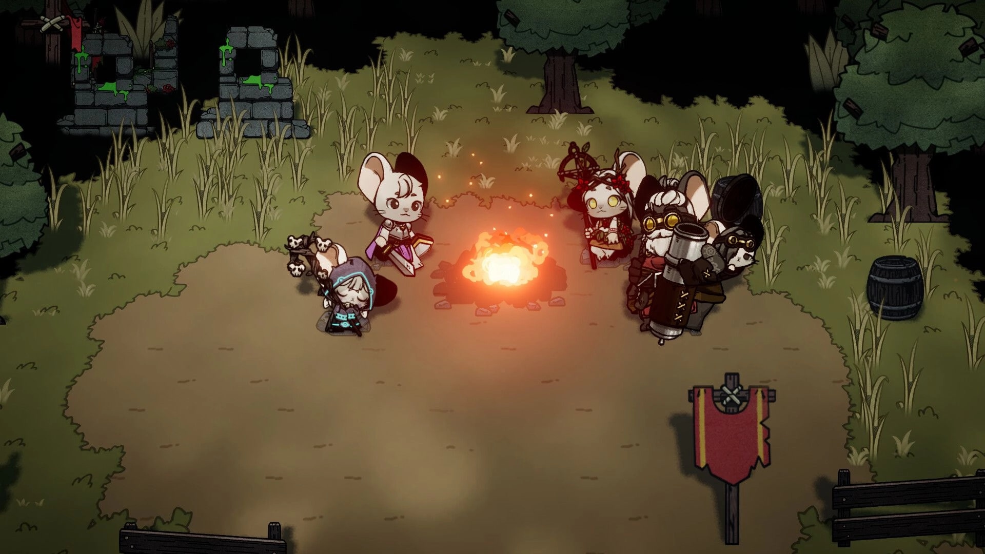 Ratocalypse: Group of characters gathered around a campfire in a forest clearing with ruins nearby