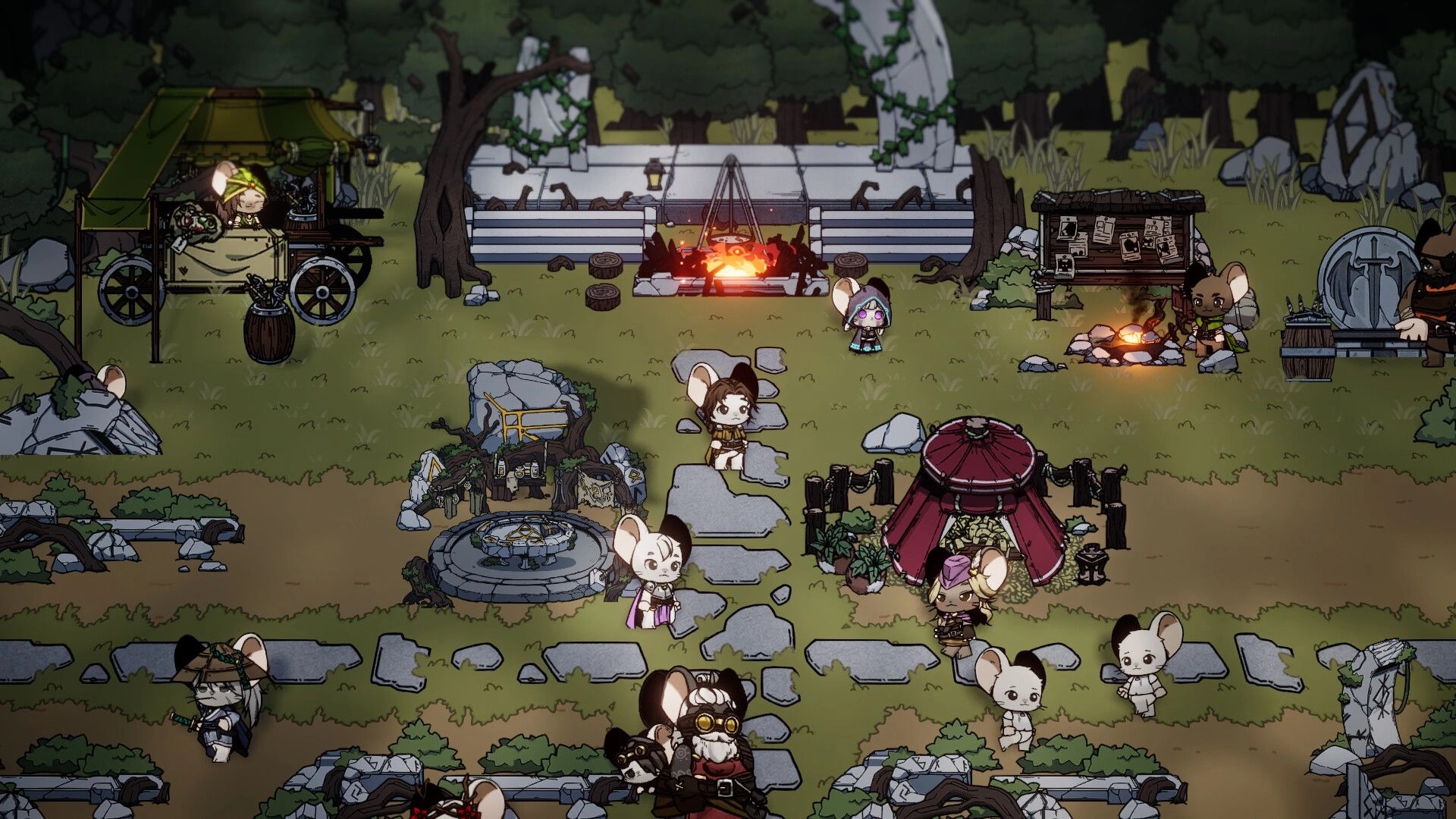 Ratocalypse: Characters gather in a camp with tents and a fire pit, surrounded by trees and equipment.