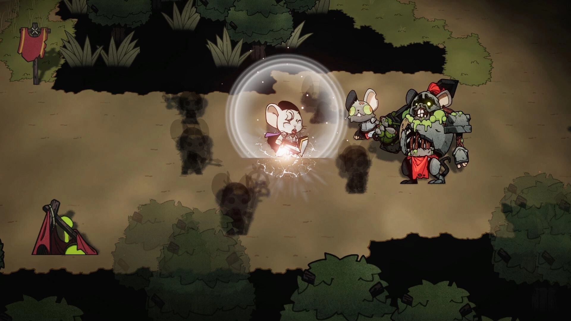 Ratocalypse: Mouse character casting a protective spell in a forest clearing surrounded by zombie enemies.