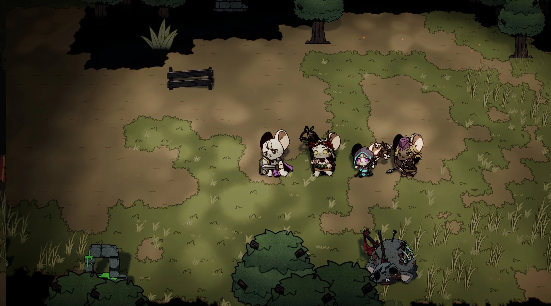 Ratocalypse: Four characters explore a grassy area with trees and a bench, facing a fallen creature.