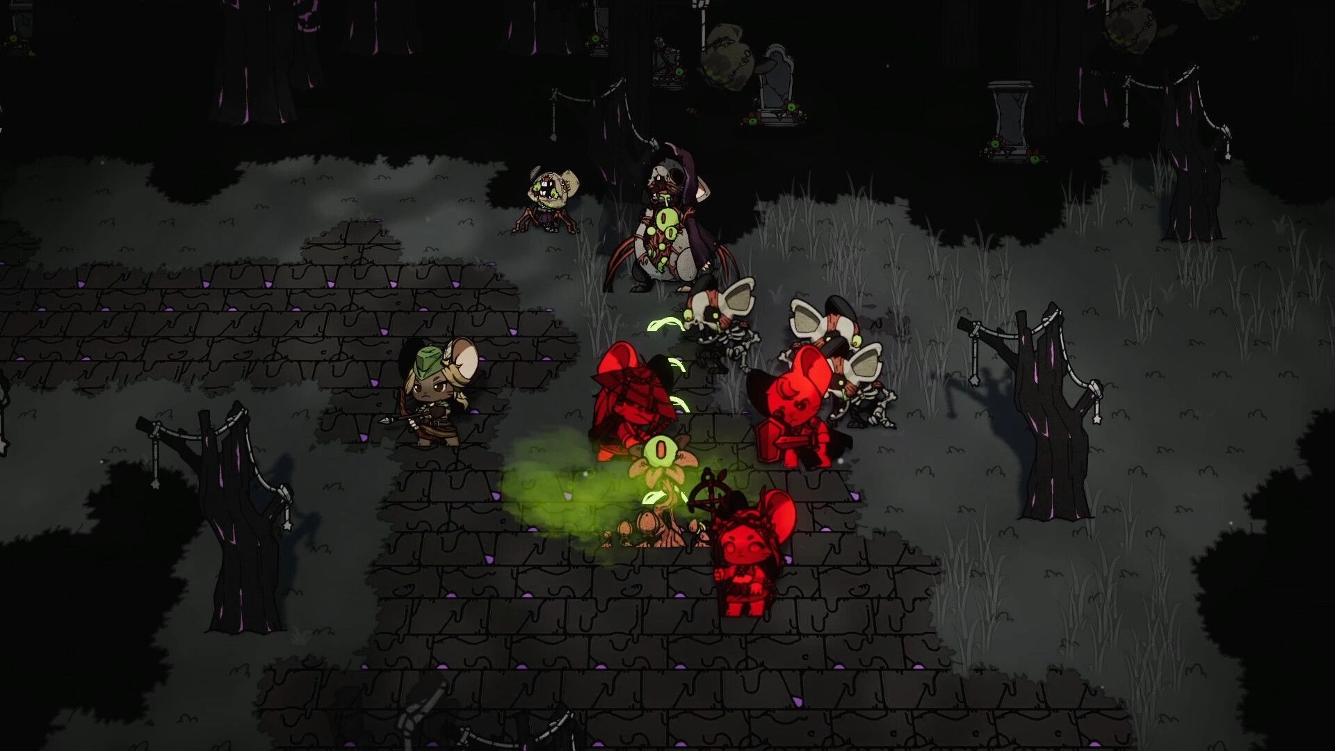 Ratocalypse: Battle with zombie mice in a dark forest, vibrant characters wielding glowing green magic