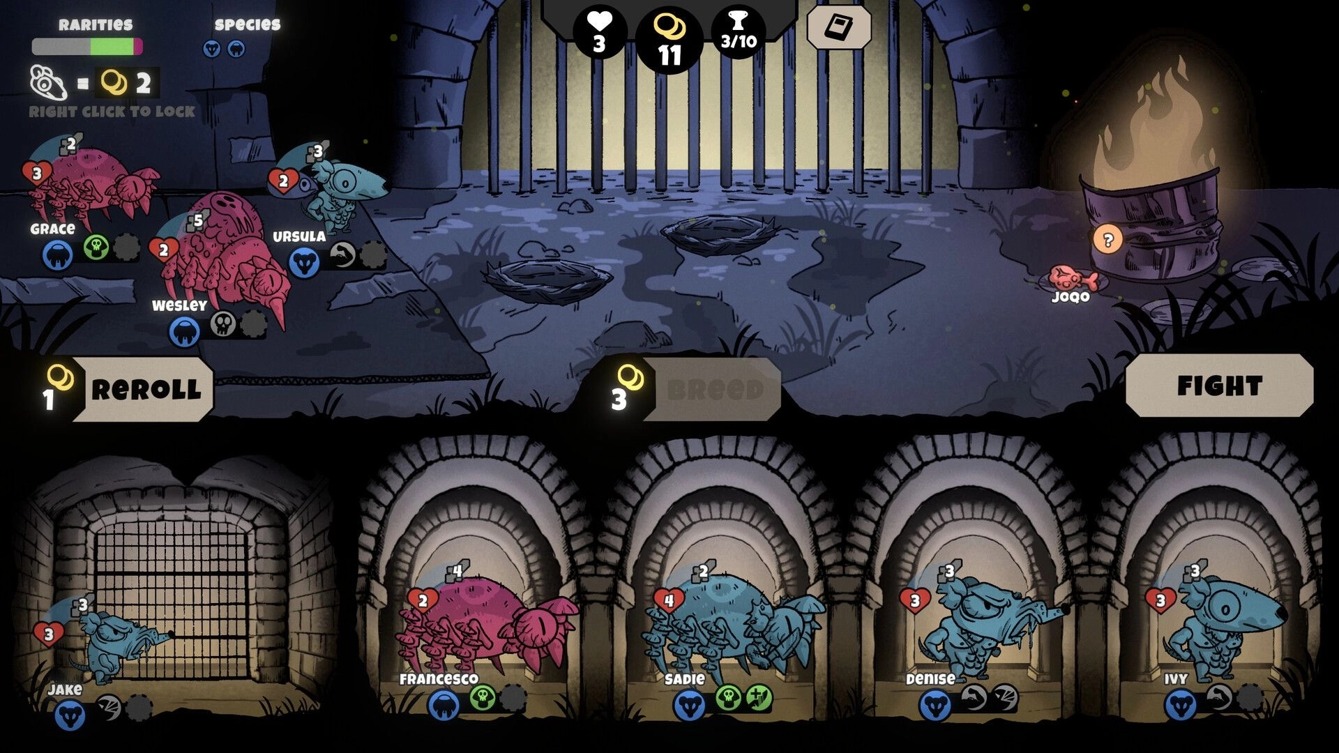 RatSpiderFrog: Rat roster and reroll menu with Breed and Fight buttons in a gloomy cage arena.