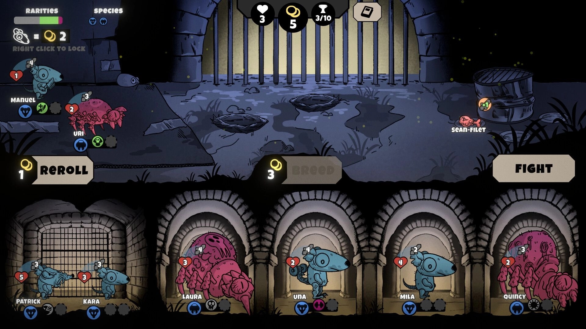 RatSpiderFrog: Team management screen with reroll, breed, and fight buttons in a dark rat pen arena.