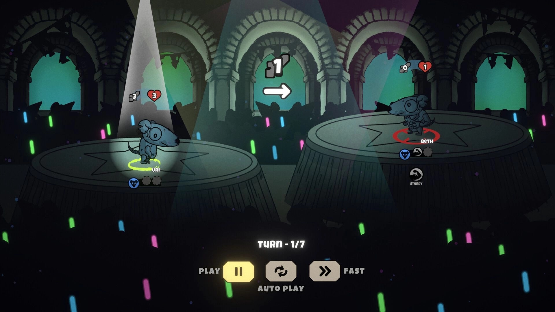 RatSpiderFrog: Two rats, Uri vs Beth, on round platforms with turn and autoplay controls in ruins arena.
