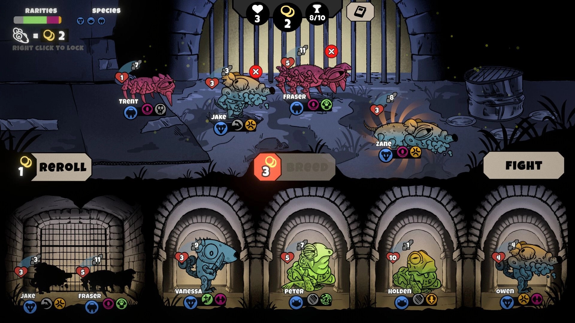 RatSpiderFrog: Rat team management with reroll, breed, and fight buttons in grimy sewer arena UI.