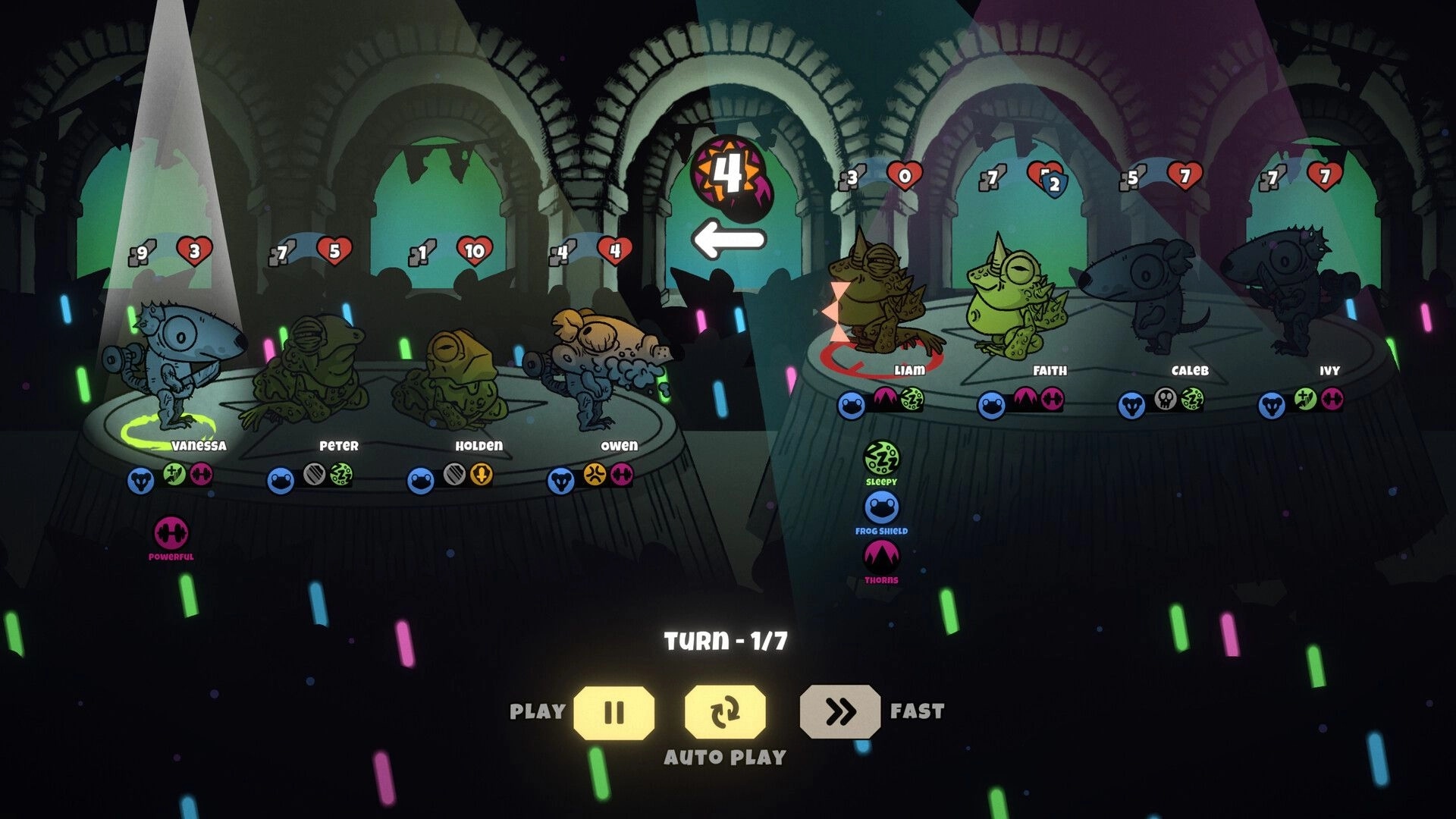 RatSpiderFrog: Auto-battle lineup of named critters with stats icons in a neon arch arena UI.