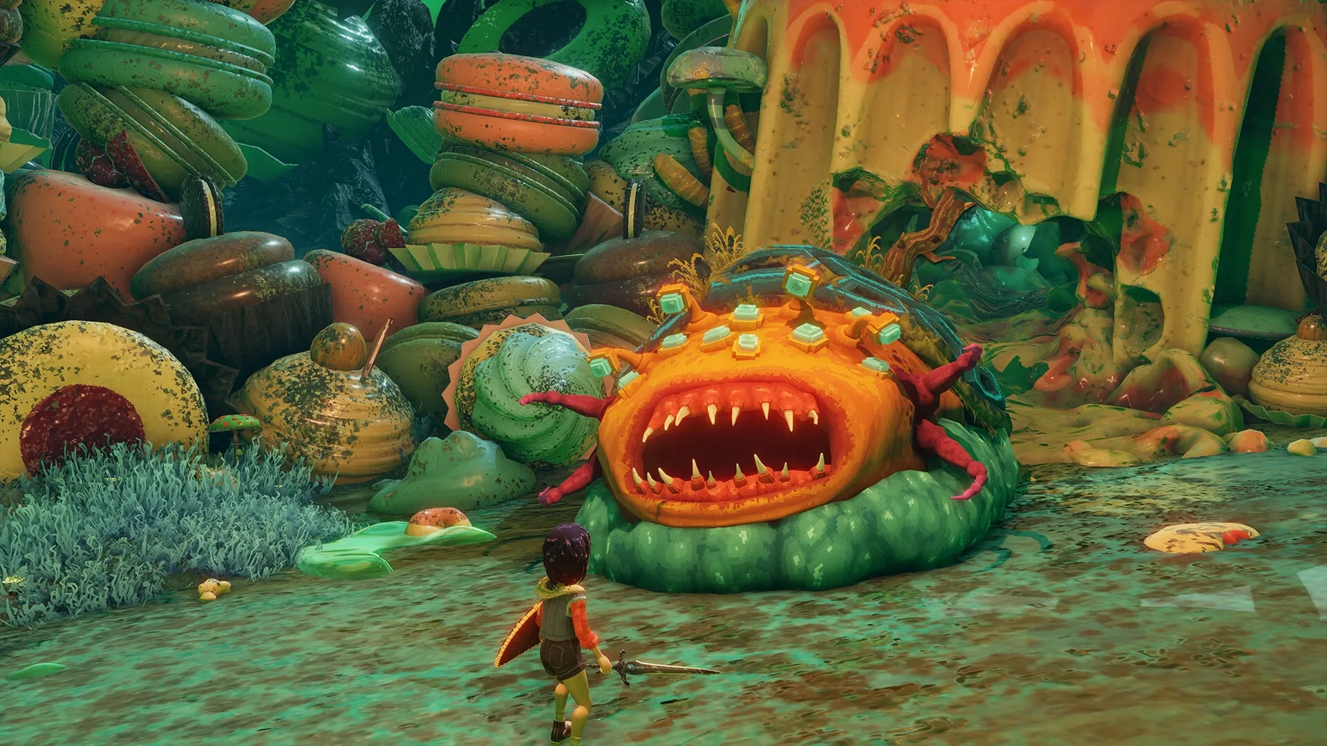 Ravenlok: Heroine faces giant monster in whimsical candy forest setting