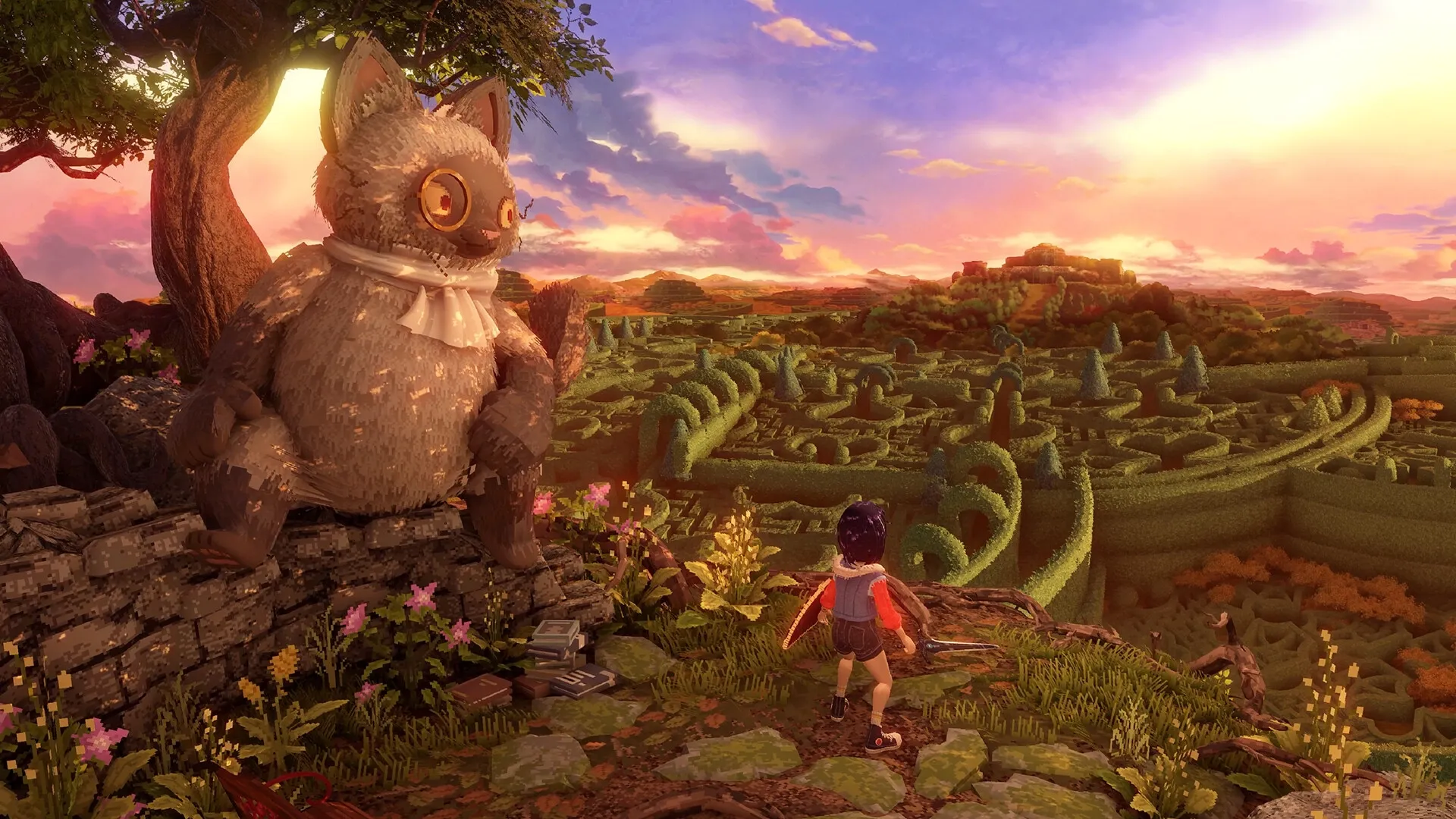 Ravenlok: Young heroine stands before a giant creature overlooking a vast, intricate hedge maze at sunset.