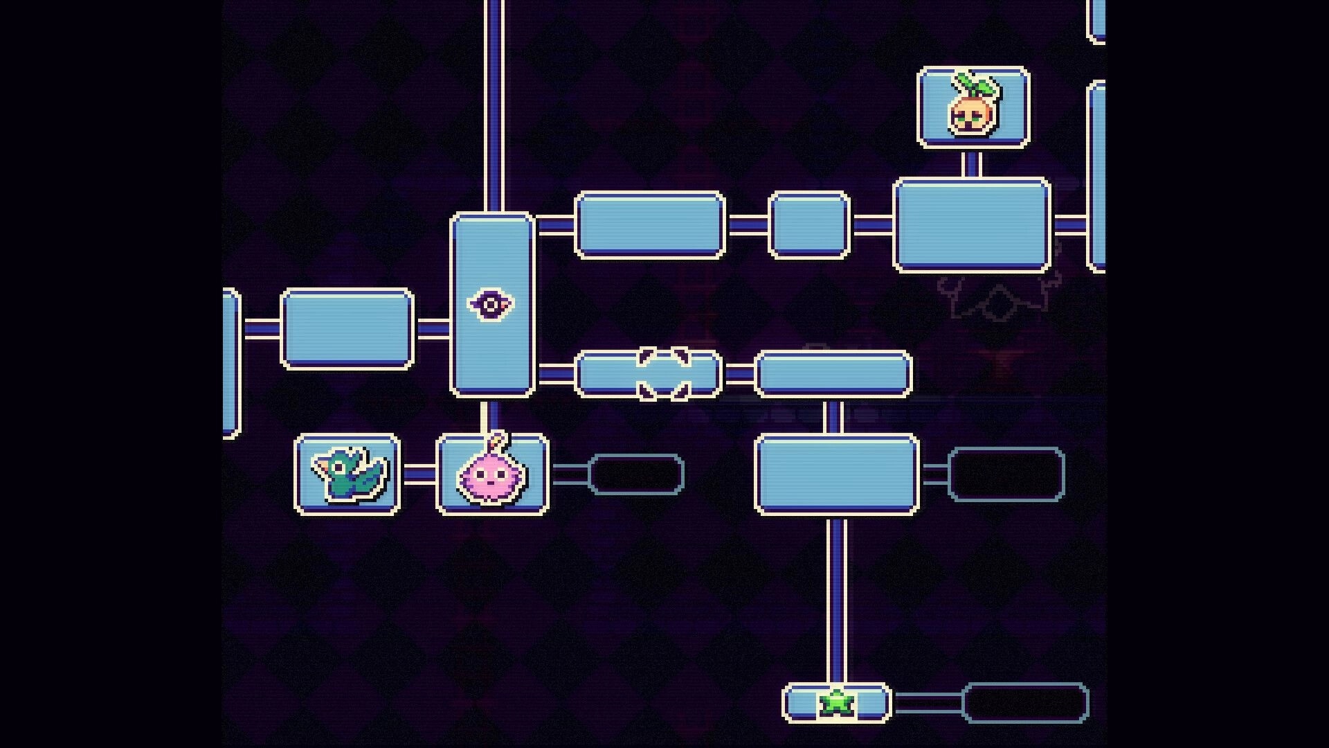 RavenStar: Map screen with blue room nodes and friend icons on a dark grid background.