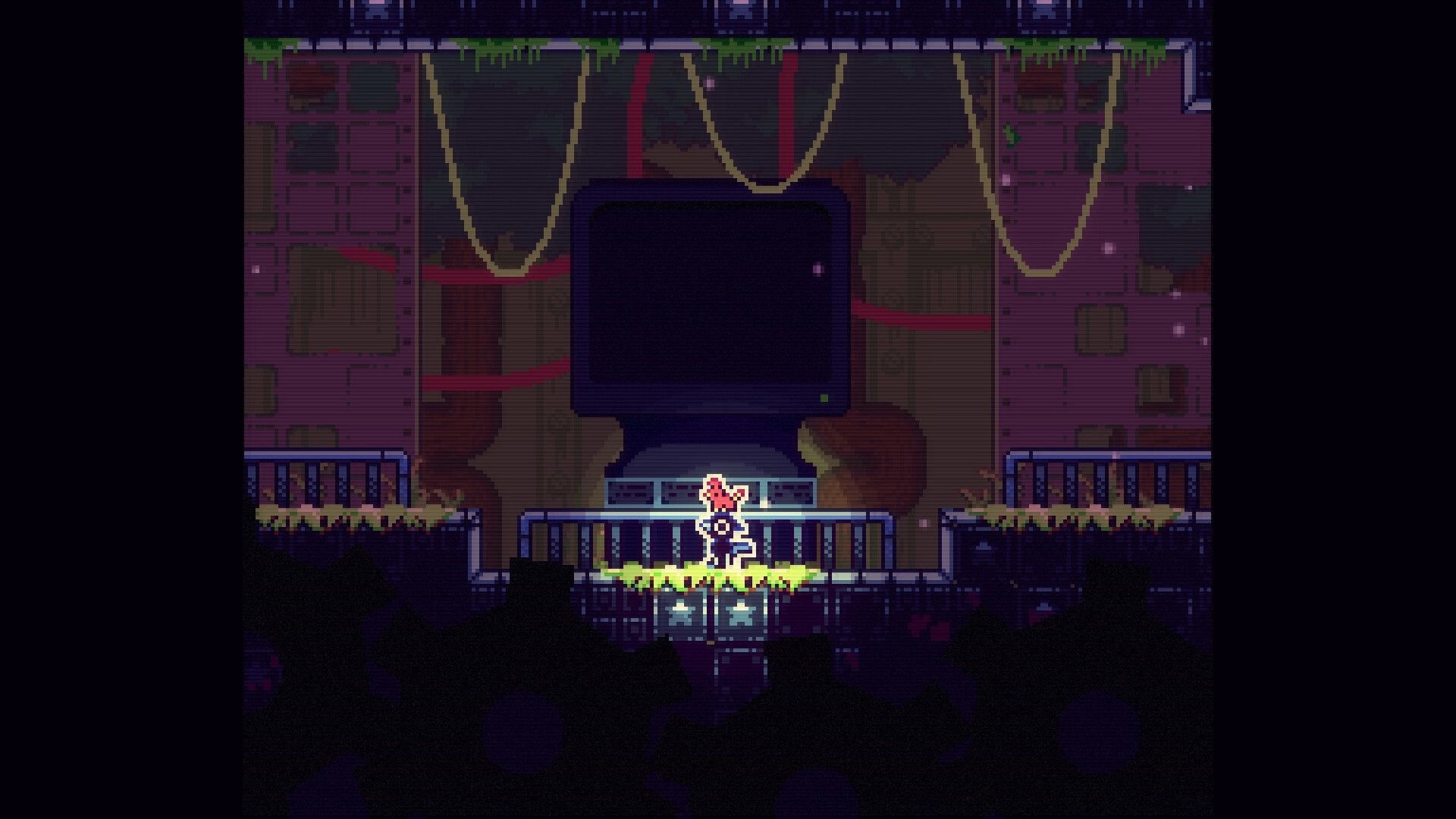 RavenStar: Small hooded character stands before a giant monitor in a dim industrial room with vines.