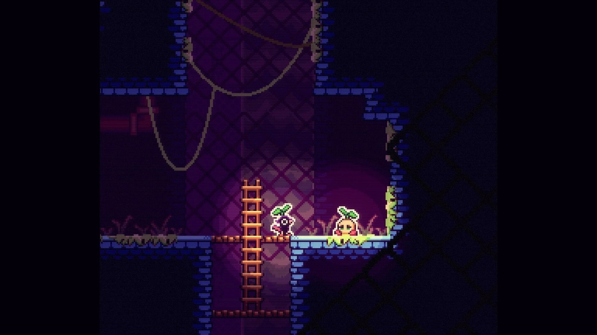 RavenStar: Small sprout-headed character stands by ladder near a smiling plant enemy in purple ruins.