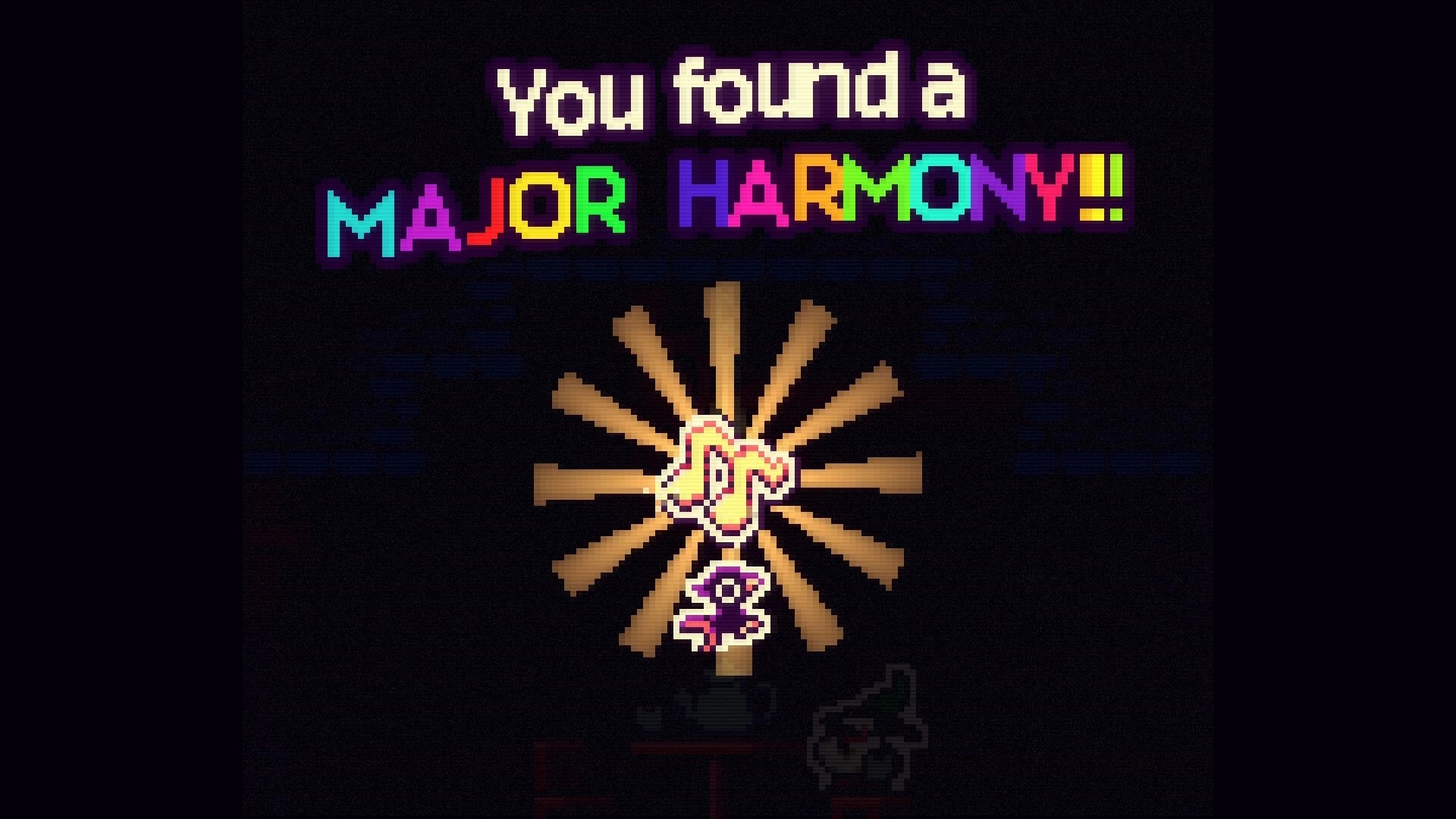 RavenStar: Pickup notification “You found a MAJOR HARMONY!!” with music note icon in dark room.