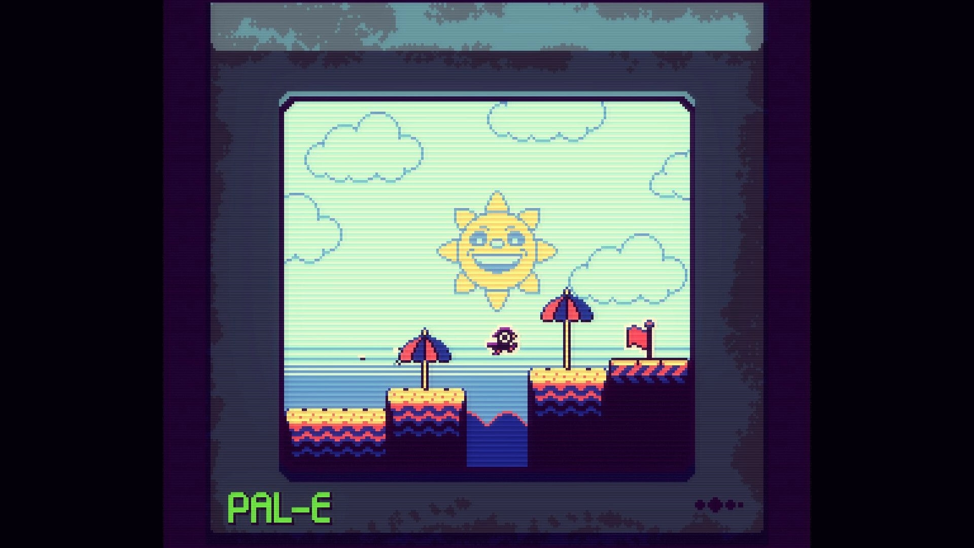 RavenStar: PAL-E screen shows pixel character jumping beach platforms with umbrellas, flag, and sun face.