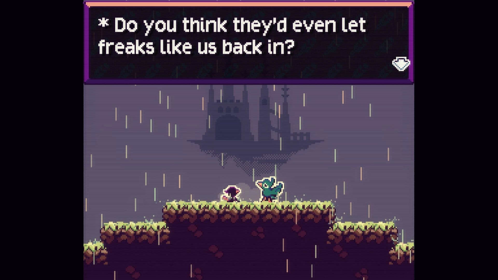 RavenStar: Dialogue box over two characters on rainy cliff ledge with distant floating castle silhouette.