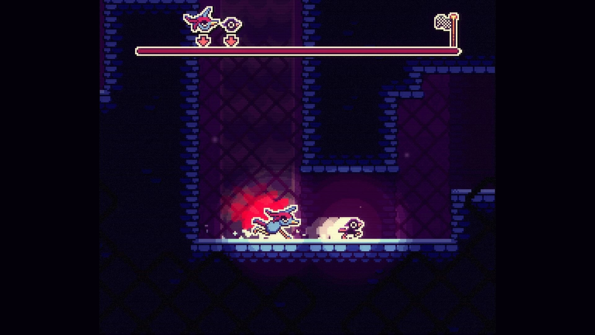 RavenStar: Player dashes into a small skull enemy in purple brick dungeon, long boss bar above.
